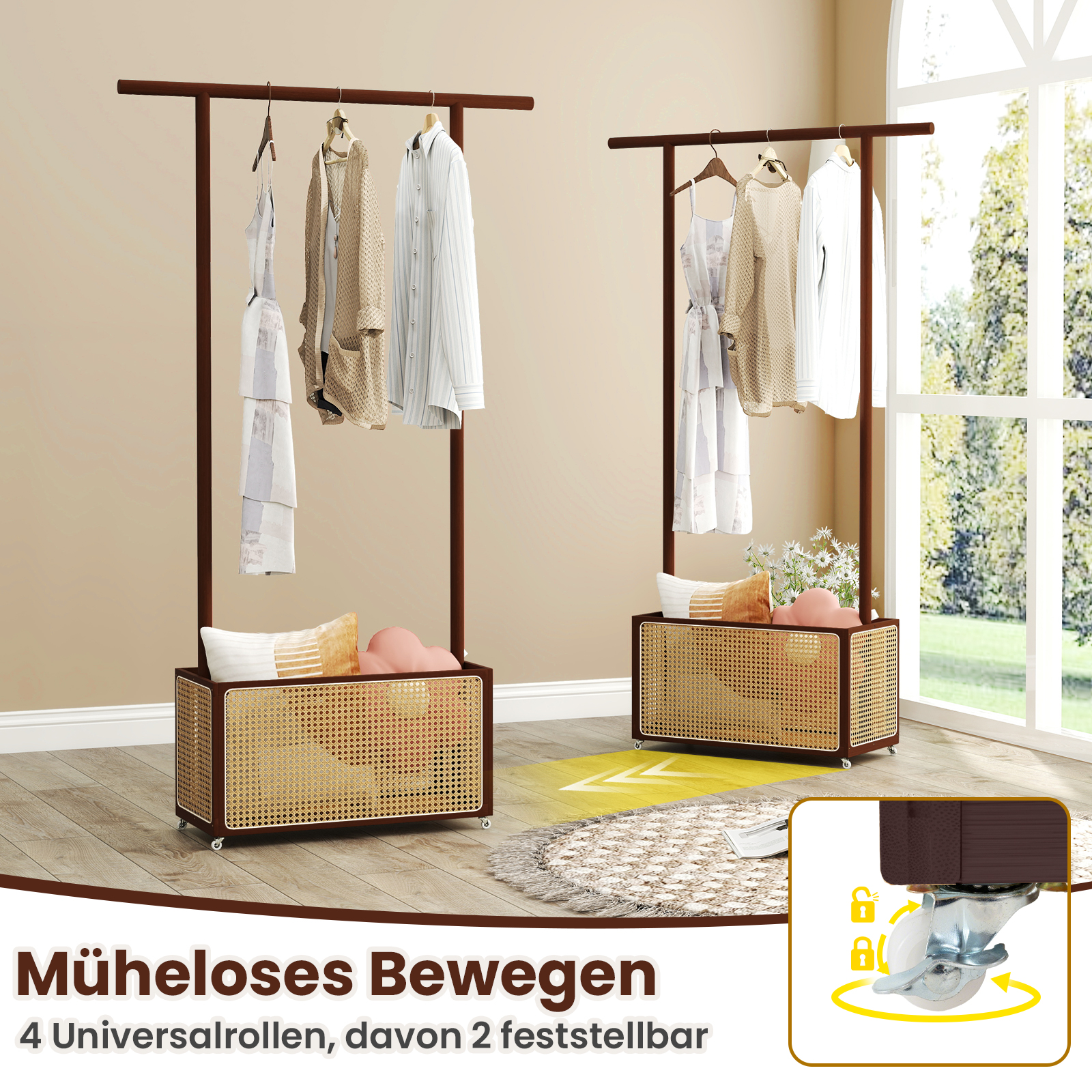 Bambusest riidestange riidepuu rotangist hoiukorvi ja ratastega naturaalne ja pruun