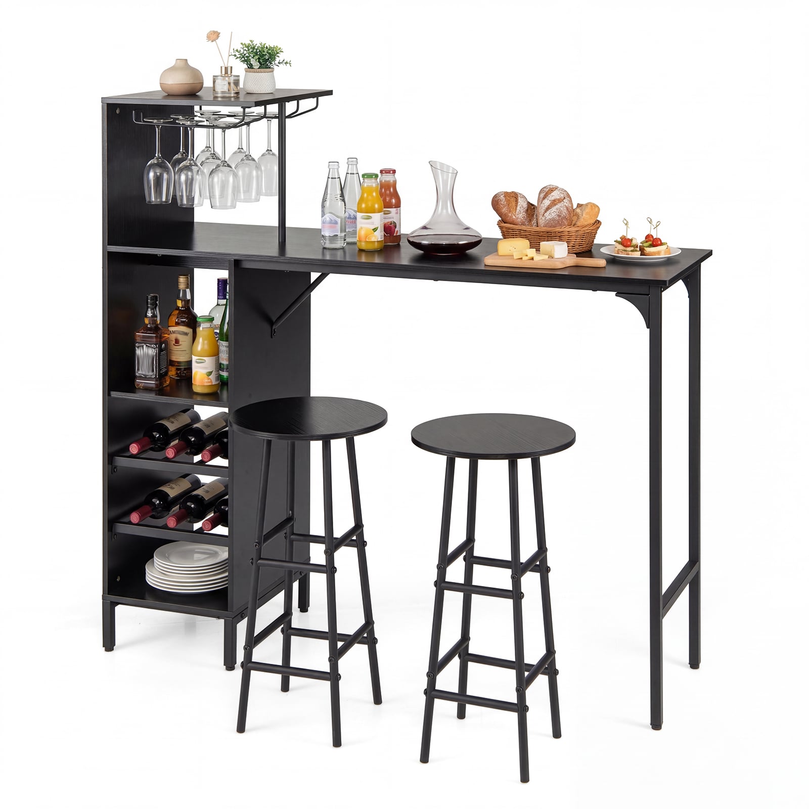 Baarilaud baaritoolide komplektiga kahele inimesele, baarilauakomplekt külgriiulite ja veiniriiulitega, must