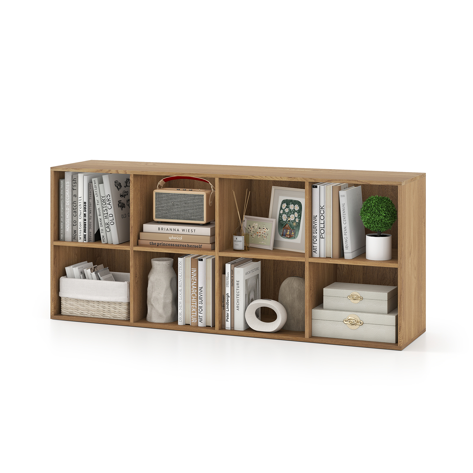 8 sektsiooniga raamaturiiul, eraldiseisev raamaturiiul ümberminekuvastase seadme ja libisemiskindlate jalgadega, hoiuriiul, naturaalne viimistlus