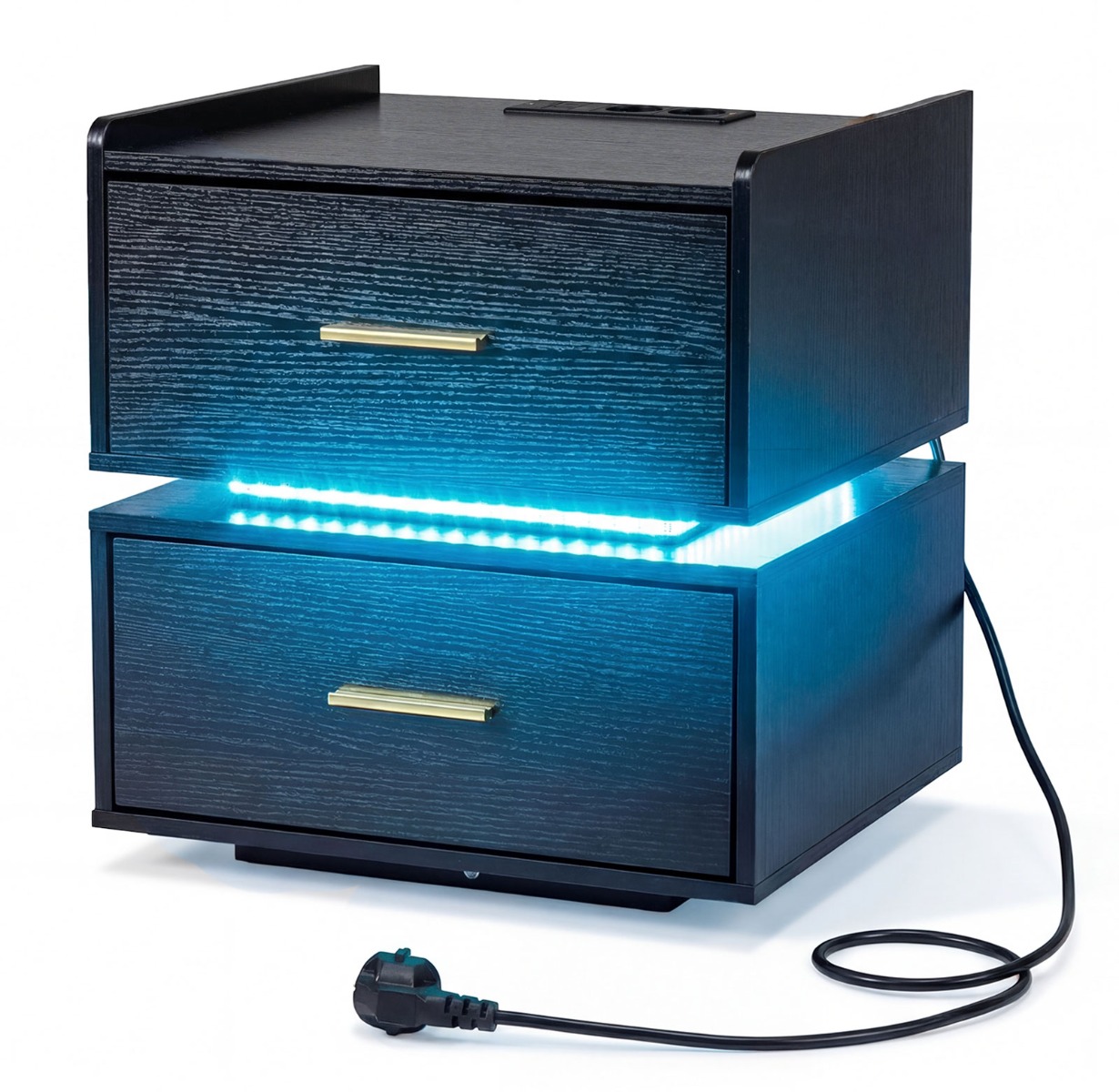 Öökapp laadimisjaamaga, LED-öökapp, 2 sahtlit, moodne, poolhõljuv metalljalaga, must