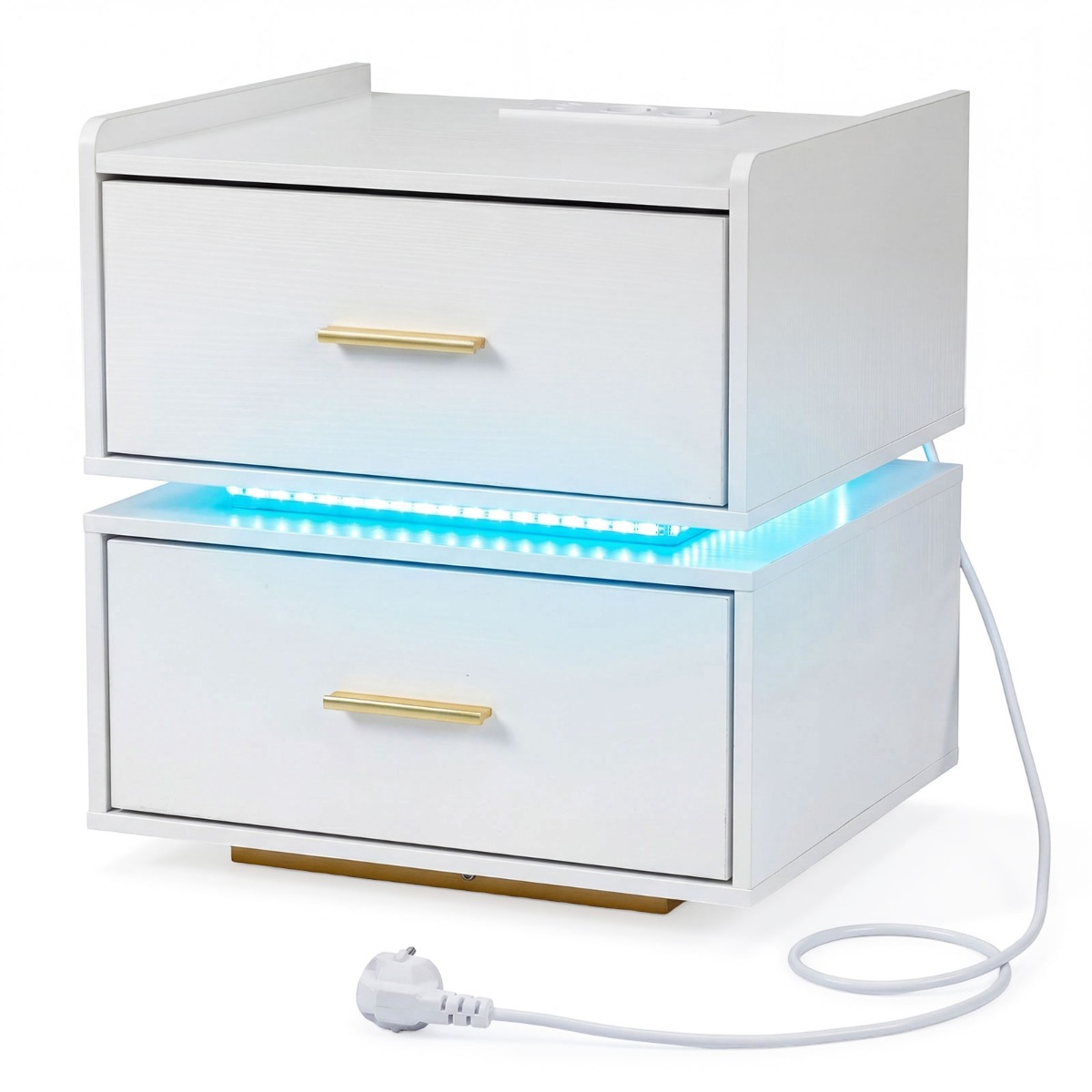 Öökapp laadimisjaamaga, LED, 2 sahtliga, moodne, poolhõljuv, metalljalg, valge