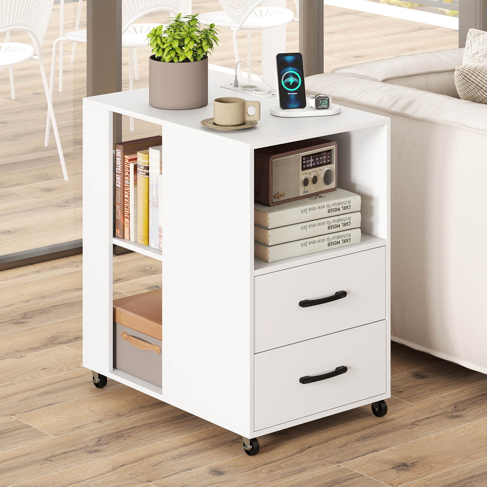 Abilaud ratastega, ratastel öökapp sahtlite ja riiulitega, valge öökapp