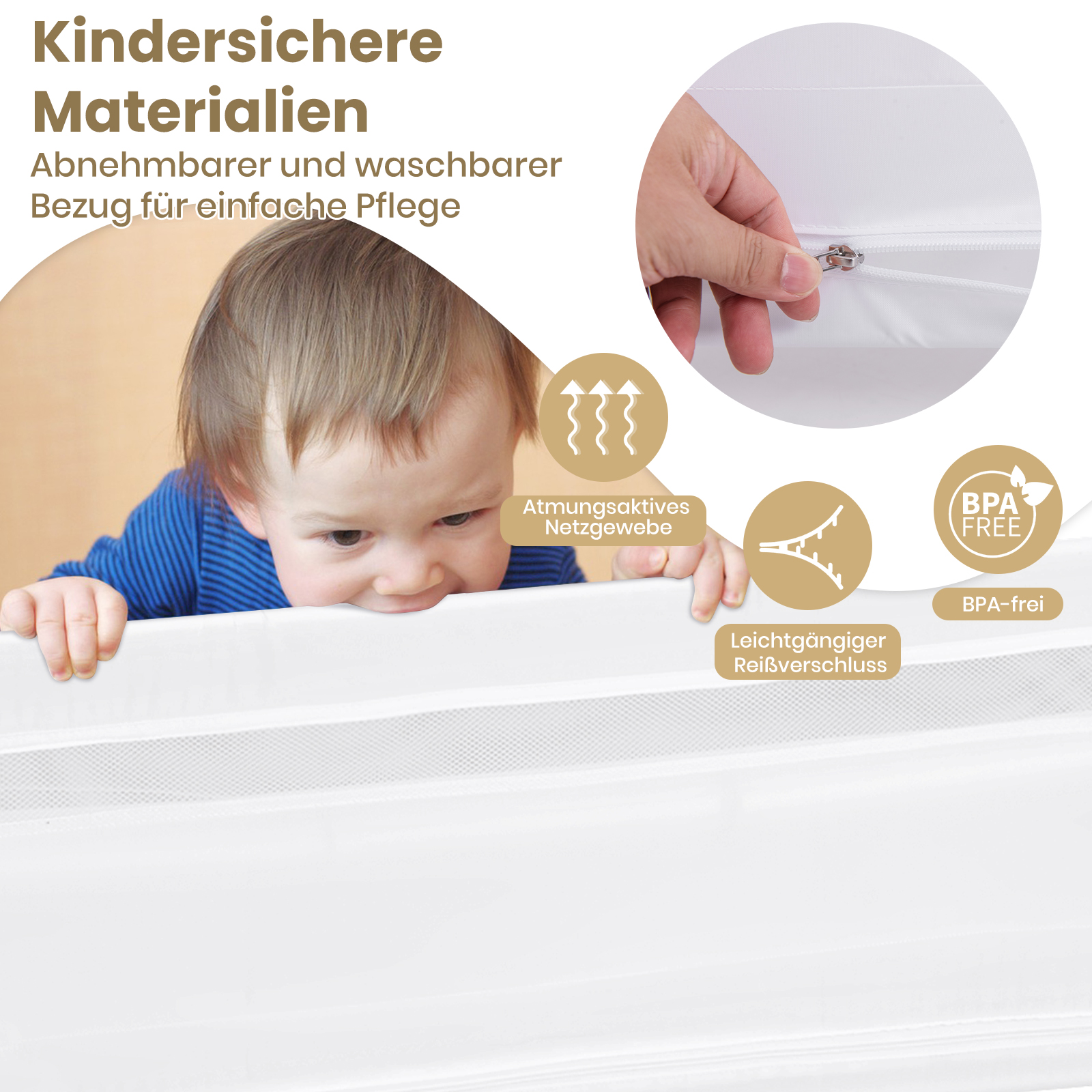 Voodipiire väikelastele 120 cm kokkupandav beebivoodi piire eemaldatava ja pestava kattega valge