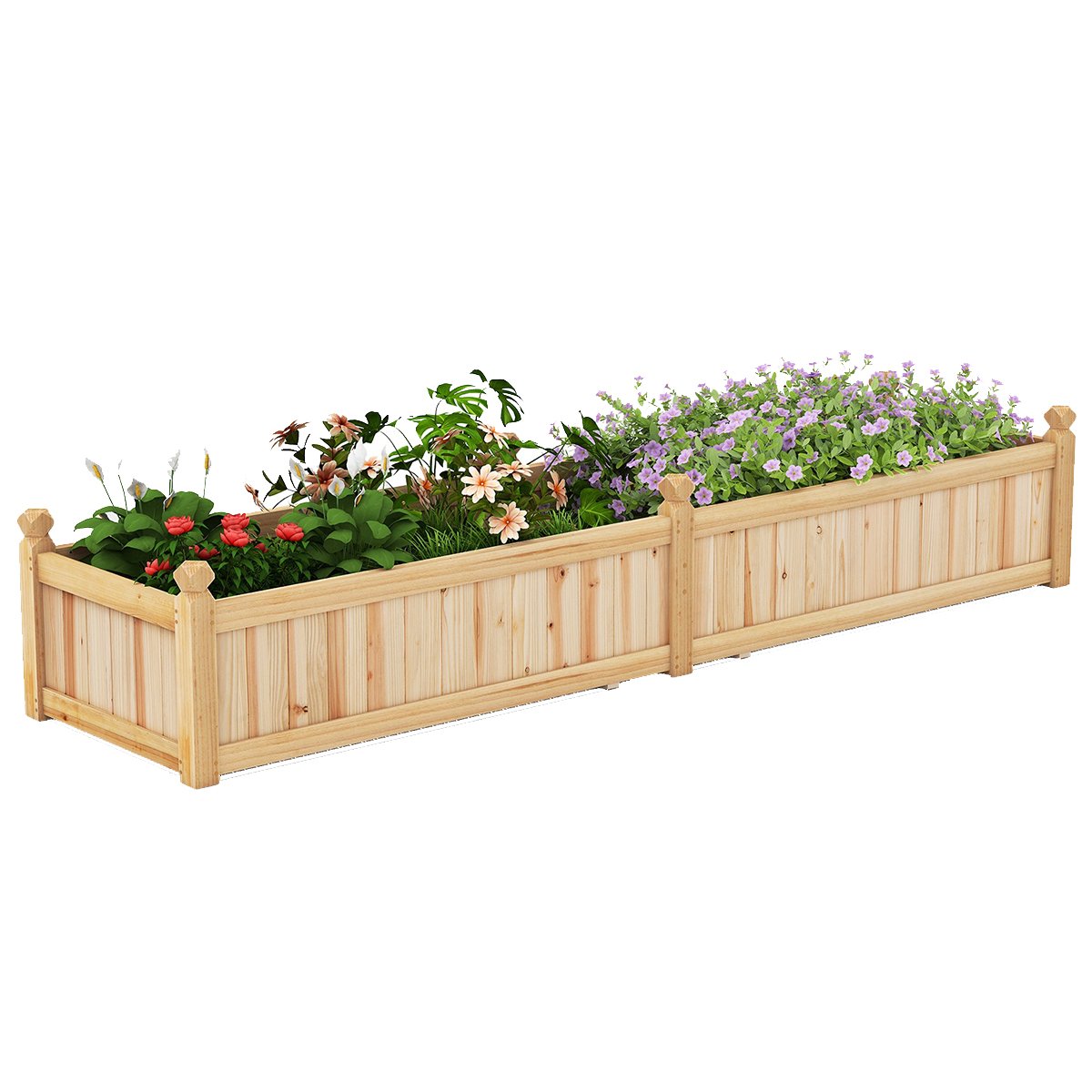 Puidust kõrgpeenar lillekast millel on vahesein drenaaiaugud ja lausriidest vooder aiapeenar istutuskast 227 x 595 x 40 cm naturaalne