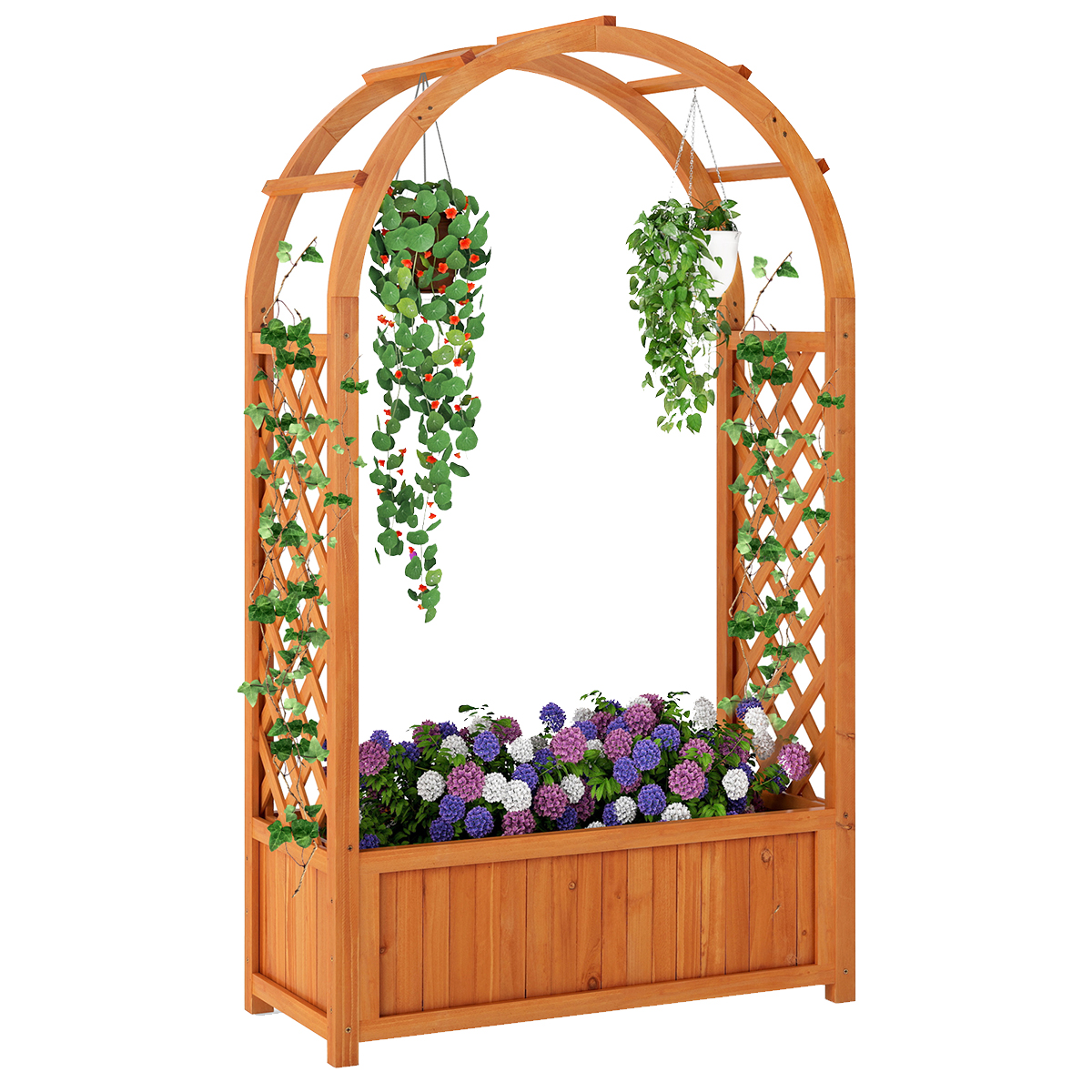 Lillekast koos võreaiaga kõrgpeenar koos trellise ja kaardkatusega roosikaar koos istutuskastiga puit 83 x 36 x 146 cm pruun