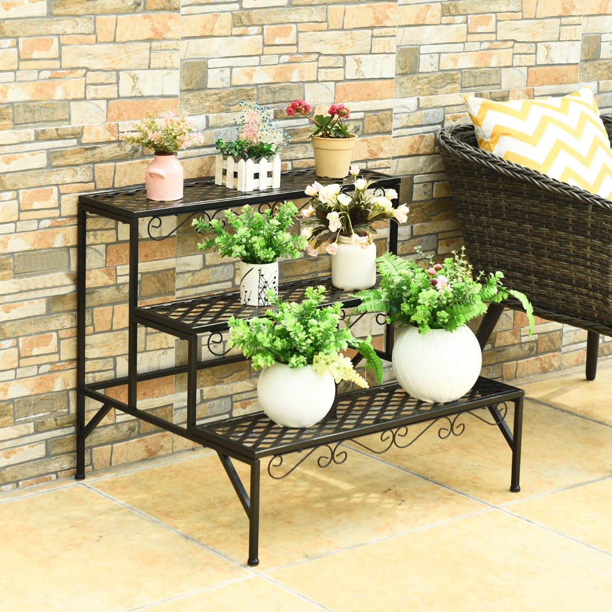 Lilleriiul 3-korruseline metallist taimealus 70 x 60 x 60 cm must