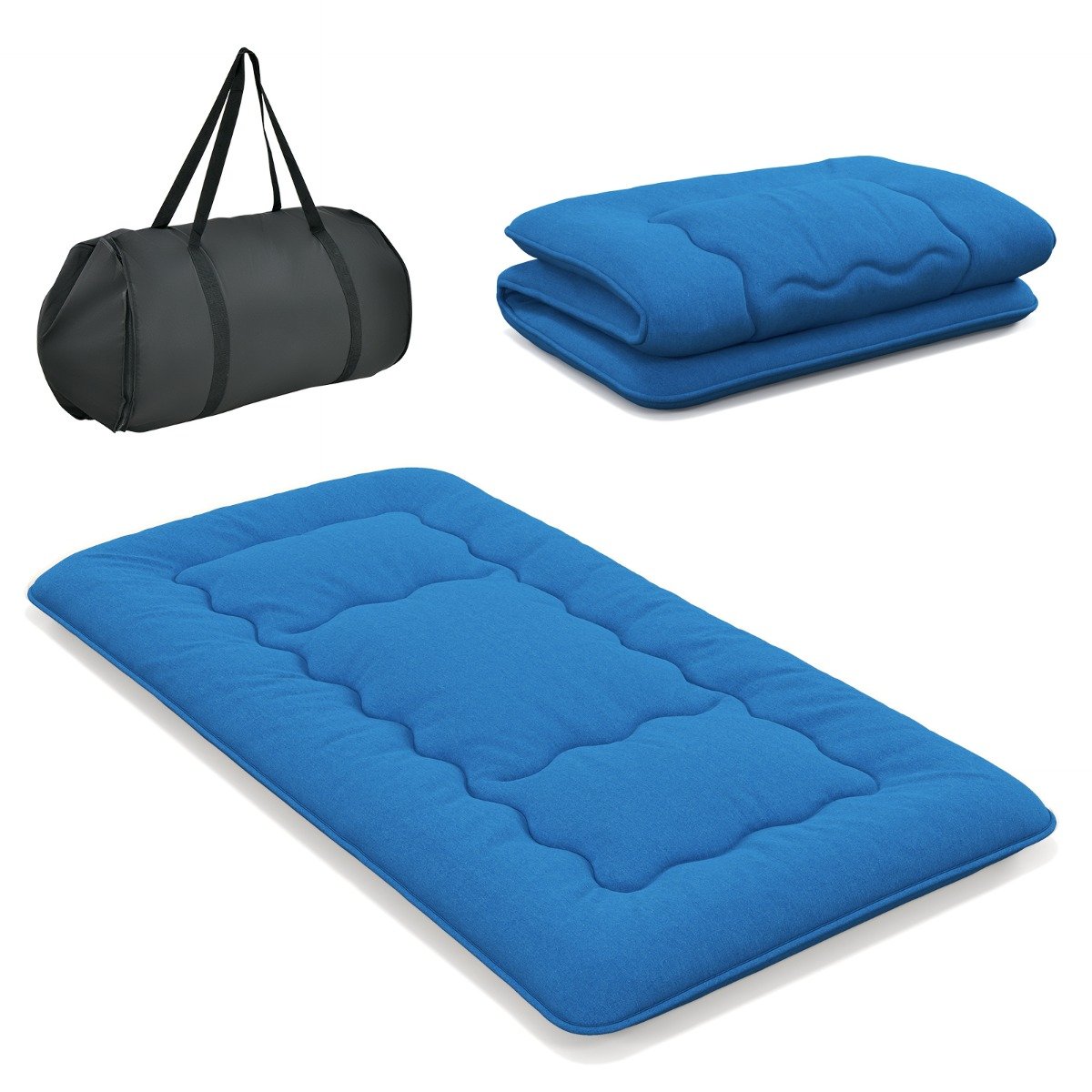 Pestava katte ja kandekotiga jaapani futon-madrats ning rullitav tatami-madrats (90x200 cm), sinine