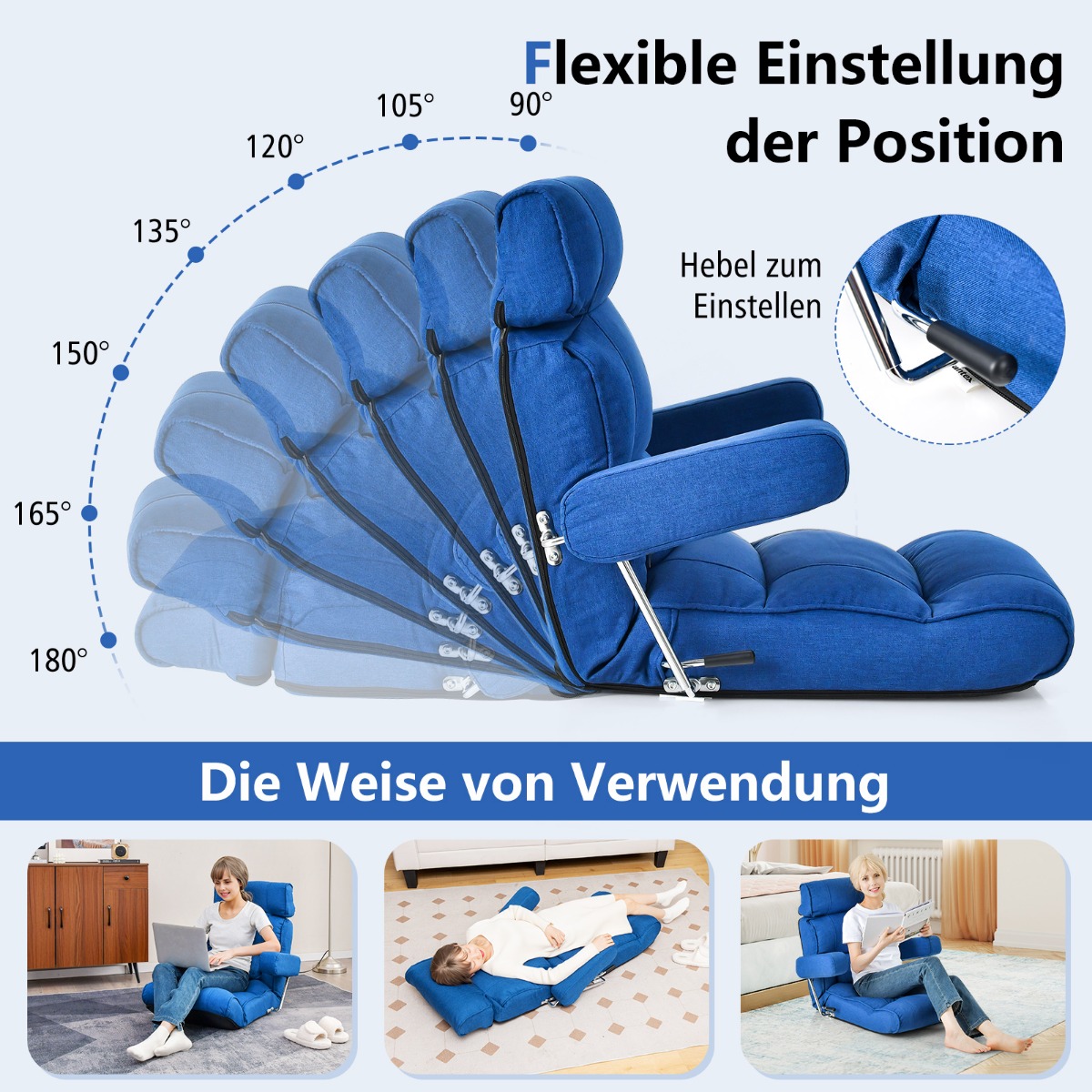 Bodenstuhl kokkupandav põrandadiivan reguleeritava seljatoega 80 x 72 x 75 cm sinine