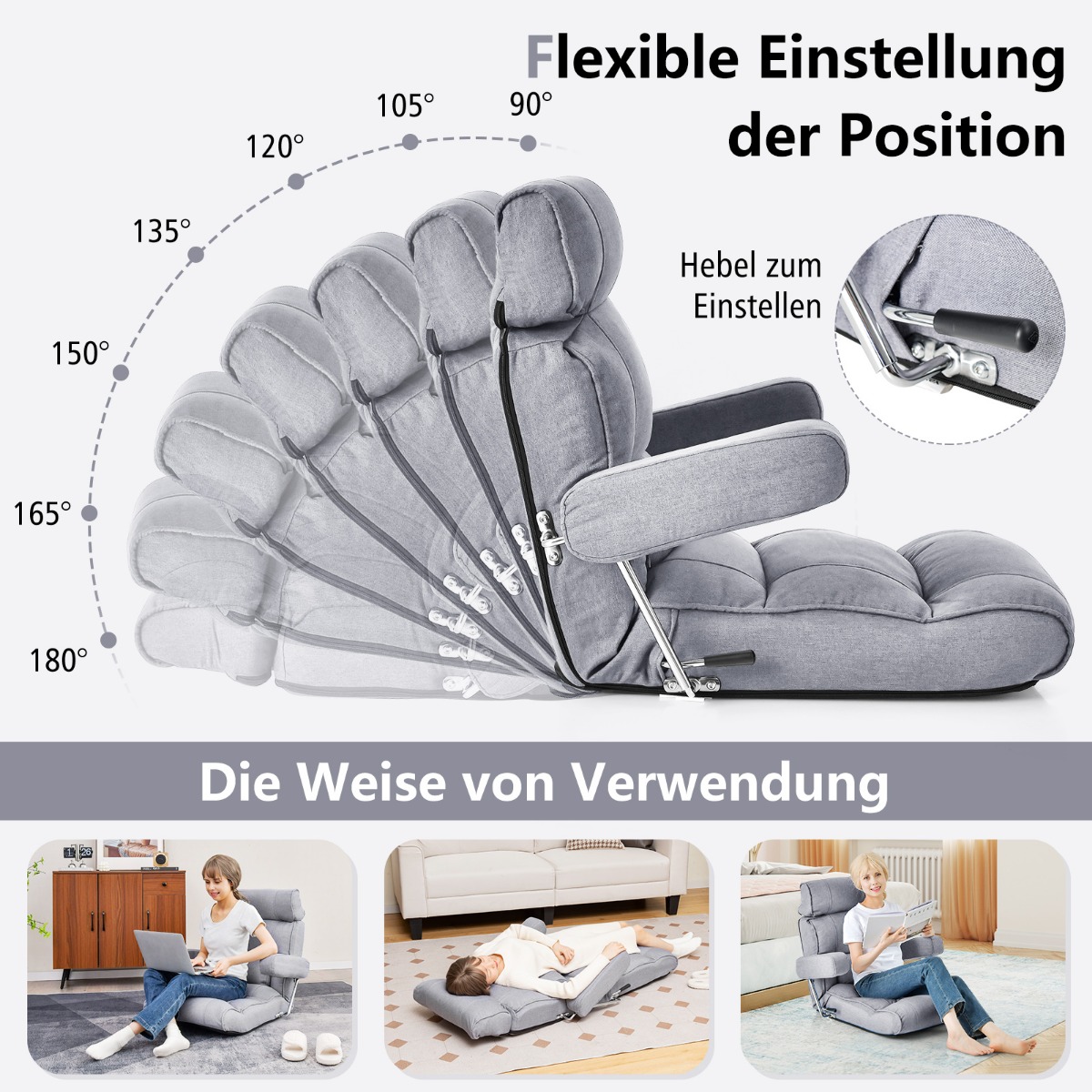 Bodenstuhl kokkupandav põrandadiivan reguleeritava seljatoega 80 x 72 x 75 cm hall