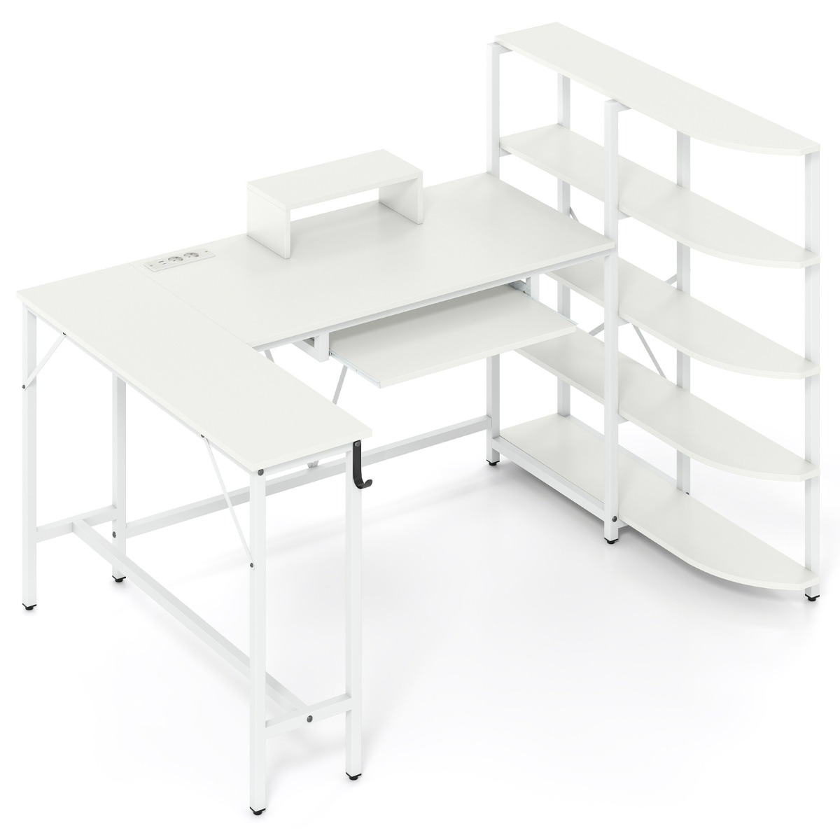 L-kujuline kirjutuslaud hoiuriiulitega nurgaarvutilaud laadimisjaamaga mängulaud valge