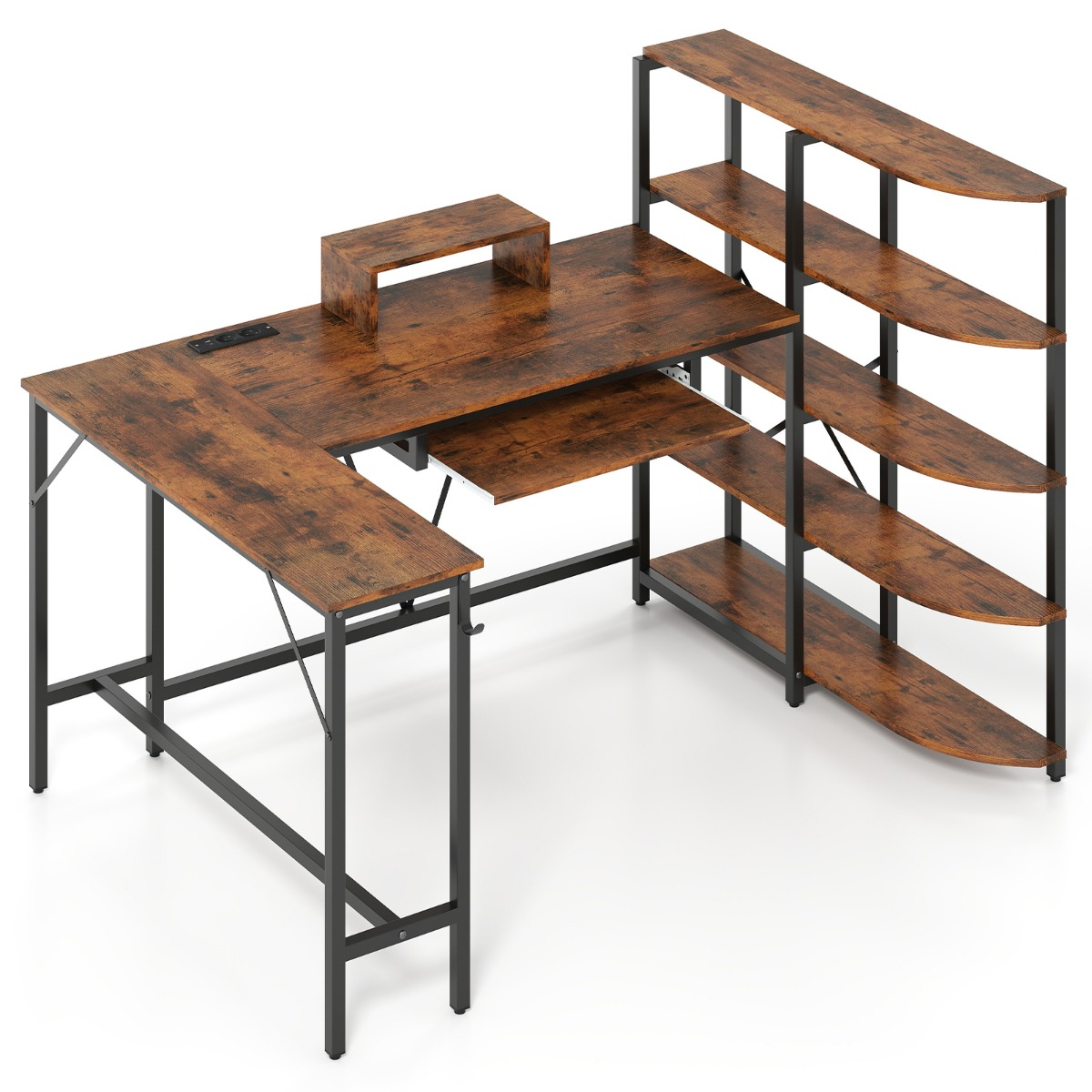 L-kujuline kirjutuslaud hoiuriiulitega nurgaarvutilaud laadimisjaamaga mängulaud rustikaalne pruun