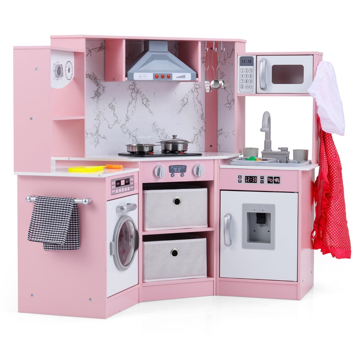 Puidust lasteköök valguse ja heliga, veeautomaat, pesumasin ja tarvikud, roosa mänguköök