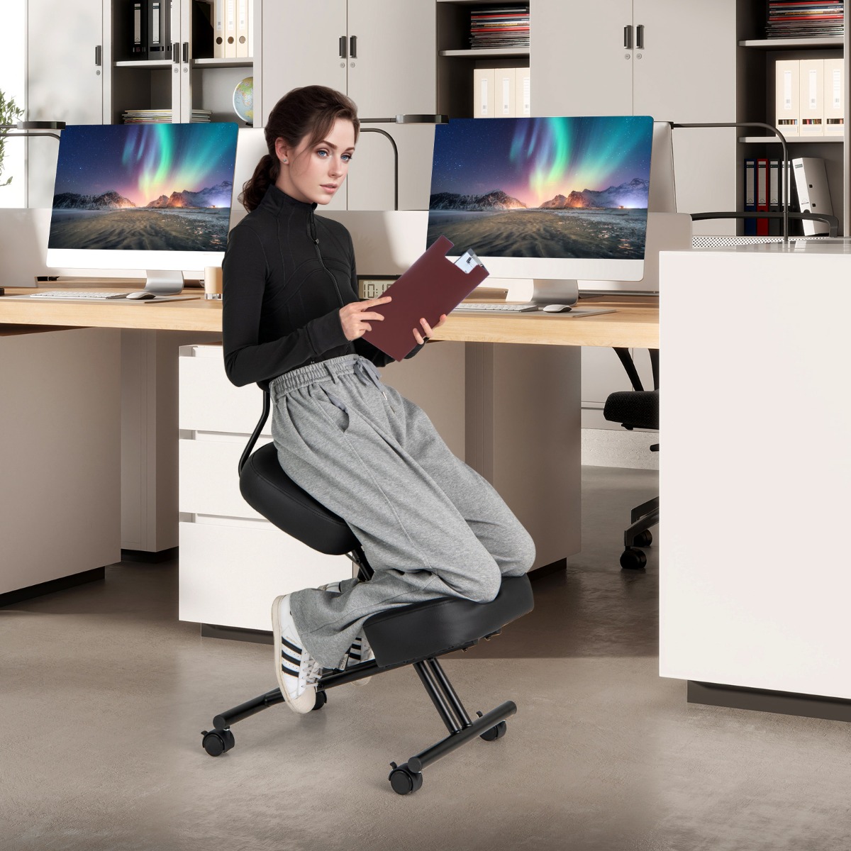 Ergonoomiline põlvitustool ja rühitugi-pukktool, seljatoega ja seljavalusid leevendav ergonoomiline iste, must