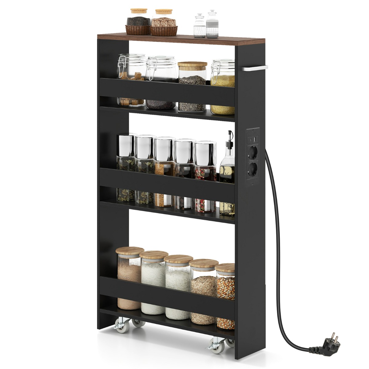 Õhuke 13 cm hoiukäru laadimisjaamaga, 4-astmeline rullköögikäru käepideme ja piirdega, must ja pruun