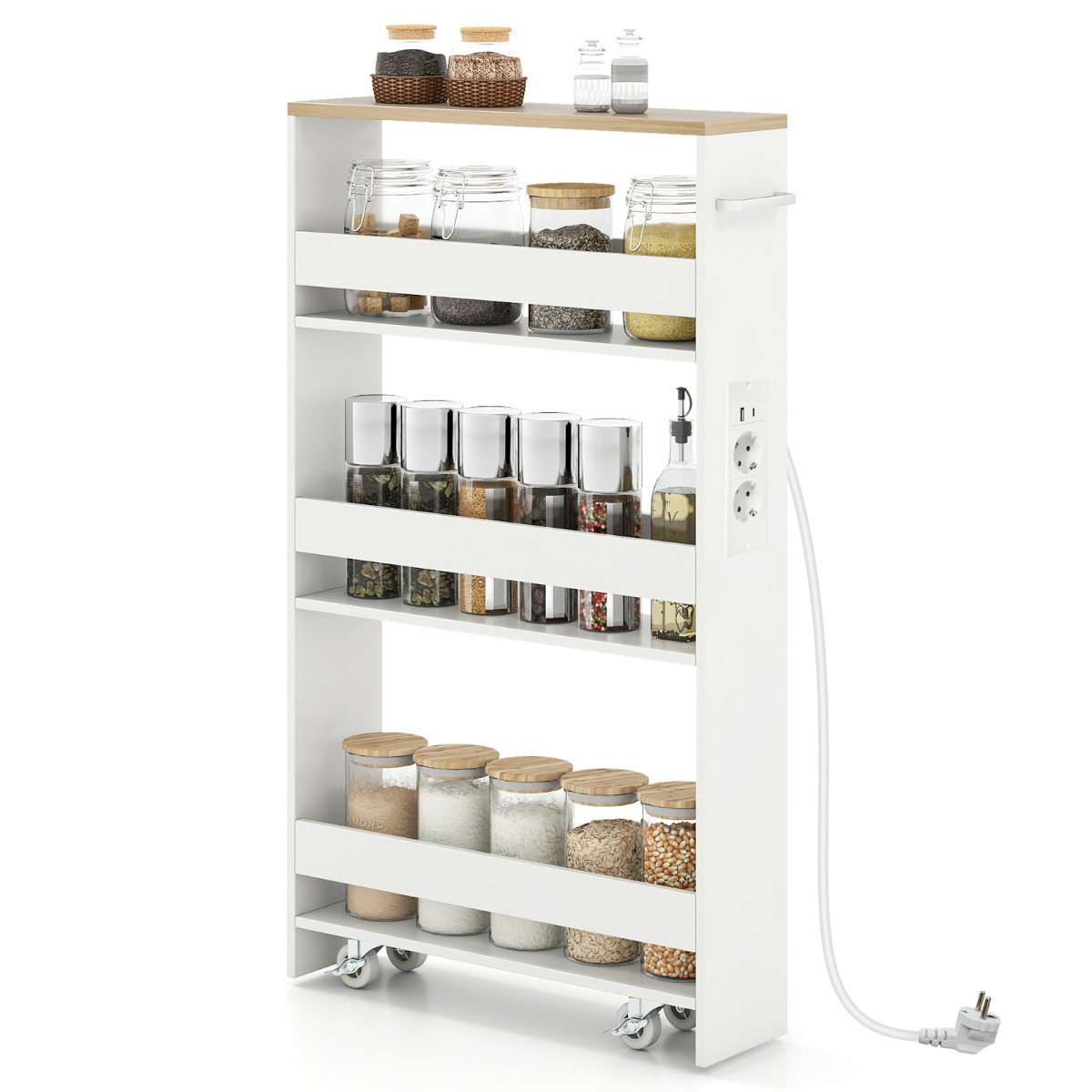 Õhuke 13 cm hoiukäru laadimisjaamaga, 4-astmeline rullköögikäru käepideme ja piirdega, valge