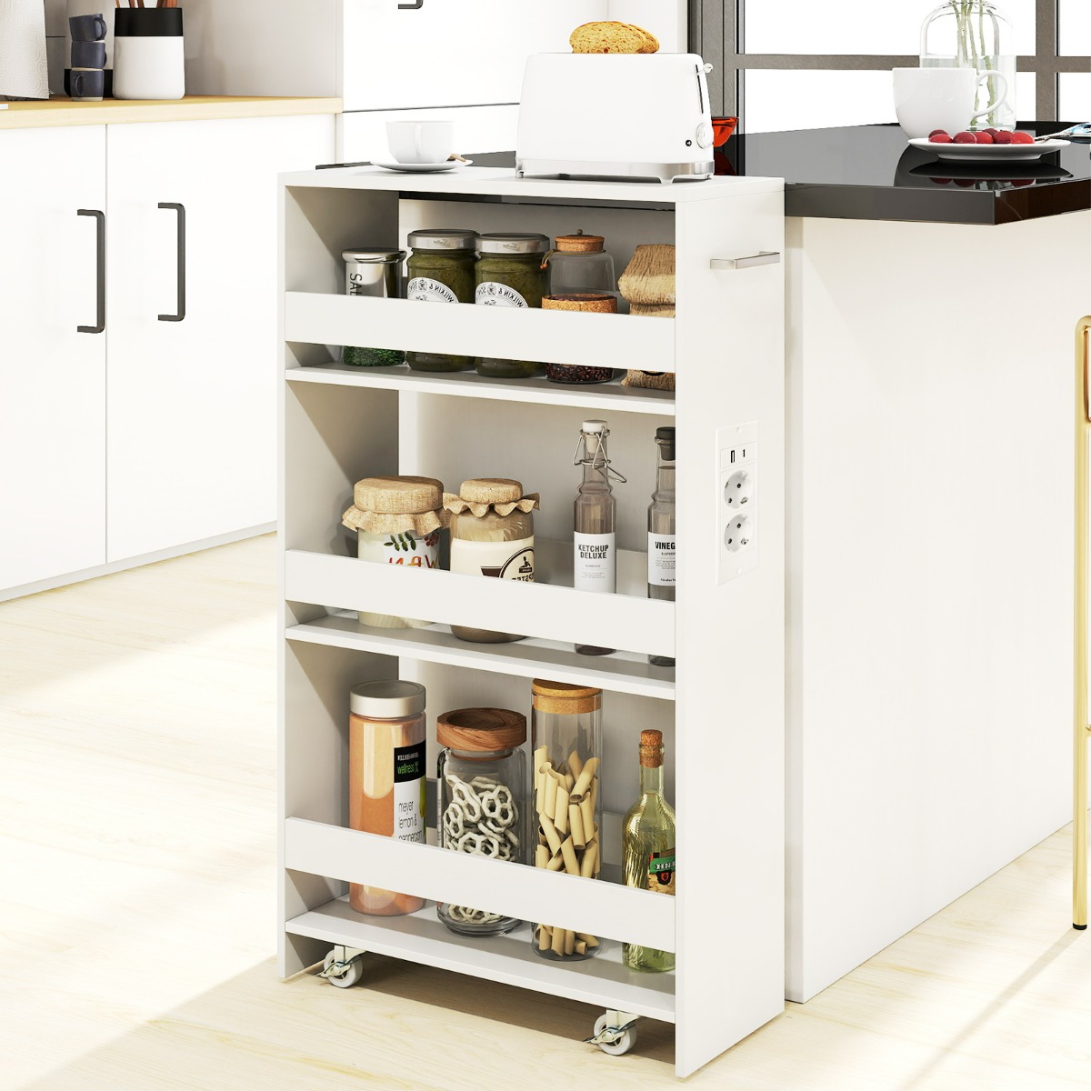 Õhuke 20 cm hoiukäru laadimisjaamaga, 4-astmeline ratastega köögikäru käepideme ja piirdega, valge