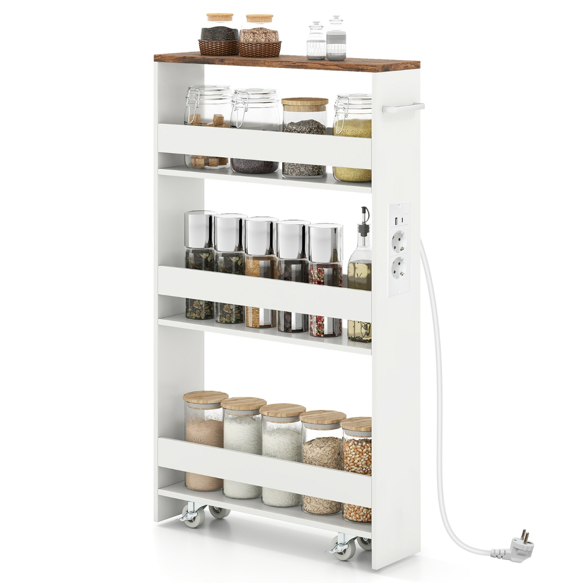 Õhuke 13 cm hoiukäru laadimisjaamaga, 4-astmeline ratastega köögikäru käepideme ja kaitsepiirdega, kohvile