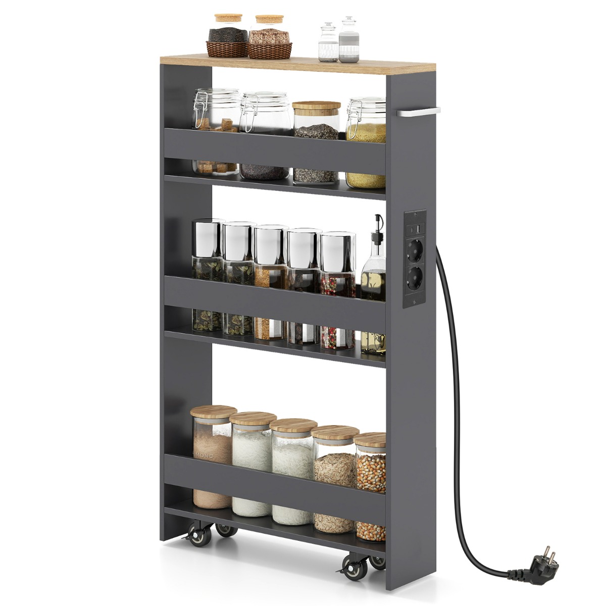 Õhuke 13 cm hoiukäru laadimisjaamaga, 4-astmeline rullköögikäru käepideme ja piirdega, hall