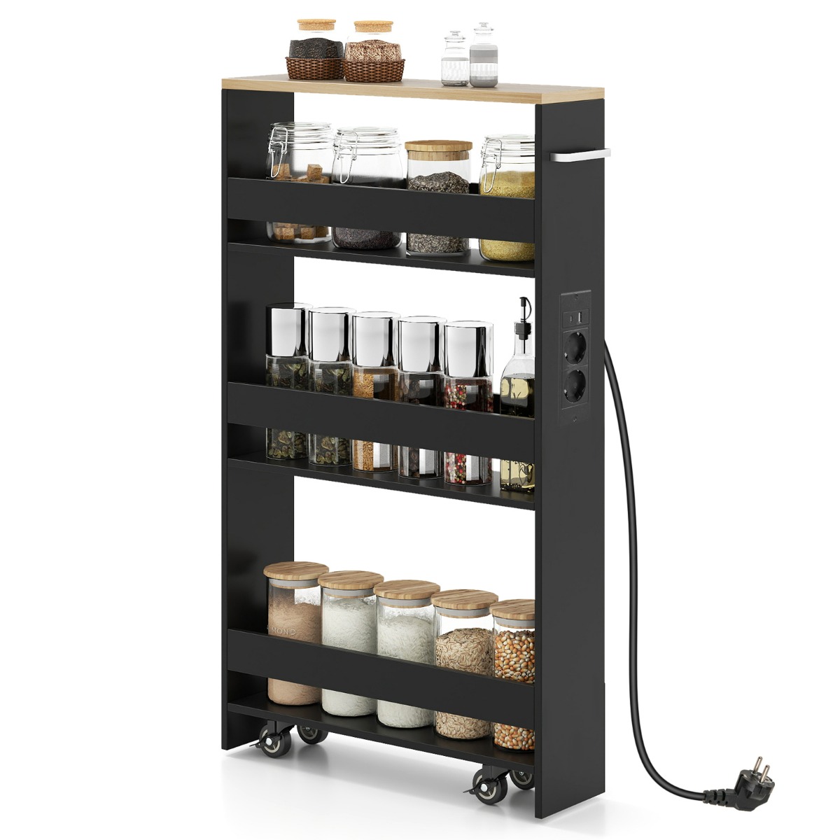 Õhuke 13 cm hoiukäru laadimisjaamaga, 4-astmeline rullköögikäru käepideme ja piirdega, must