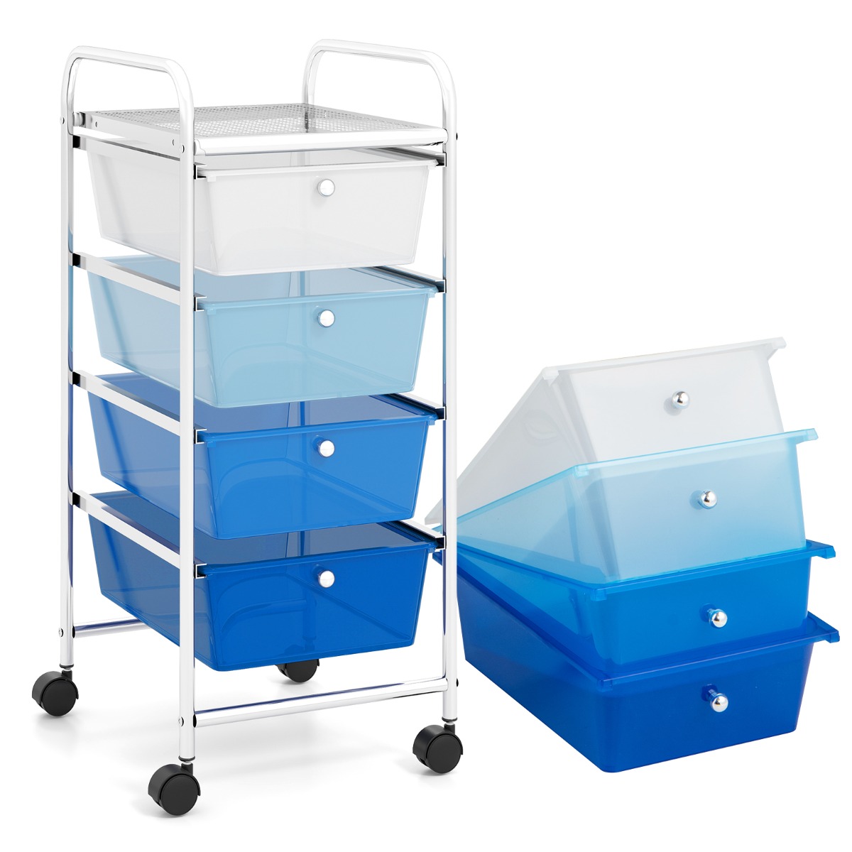 Sinine 4-sahtliga ratastega metallkorv