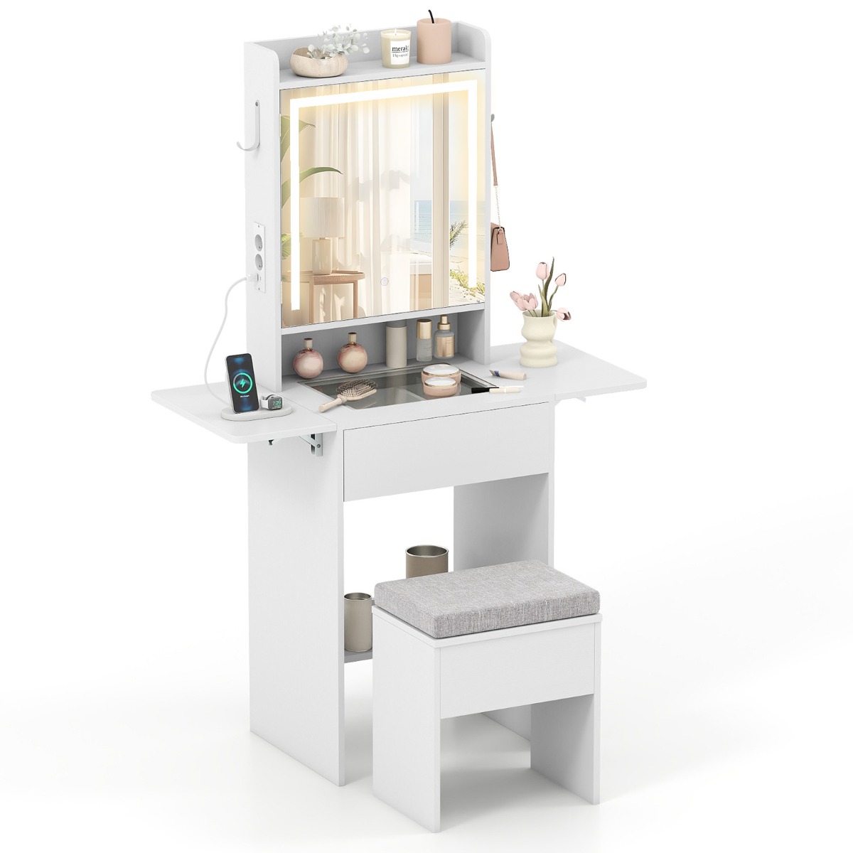 Tualettlaud 3-värvilise LED-peegli, tabureti ja pistikupesadega, valge