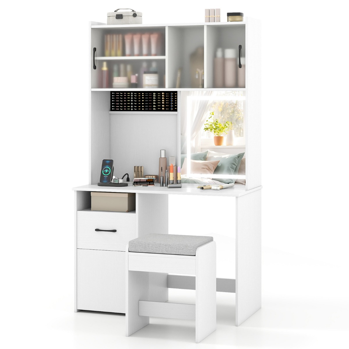 Tualettlaud LED-valgustusega, taburetiga ja pistikupesadega, valge