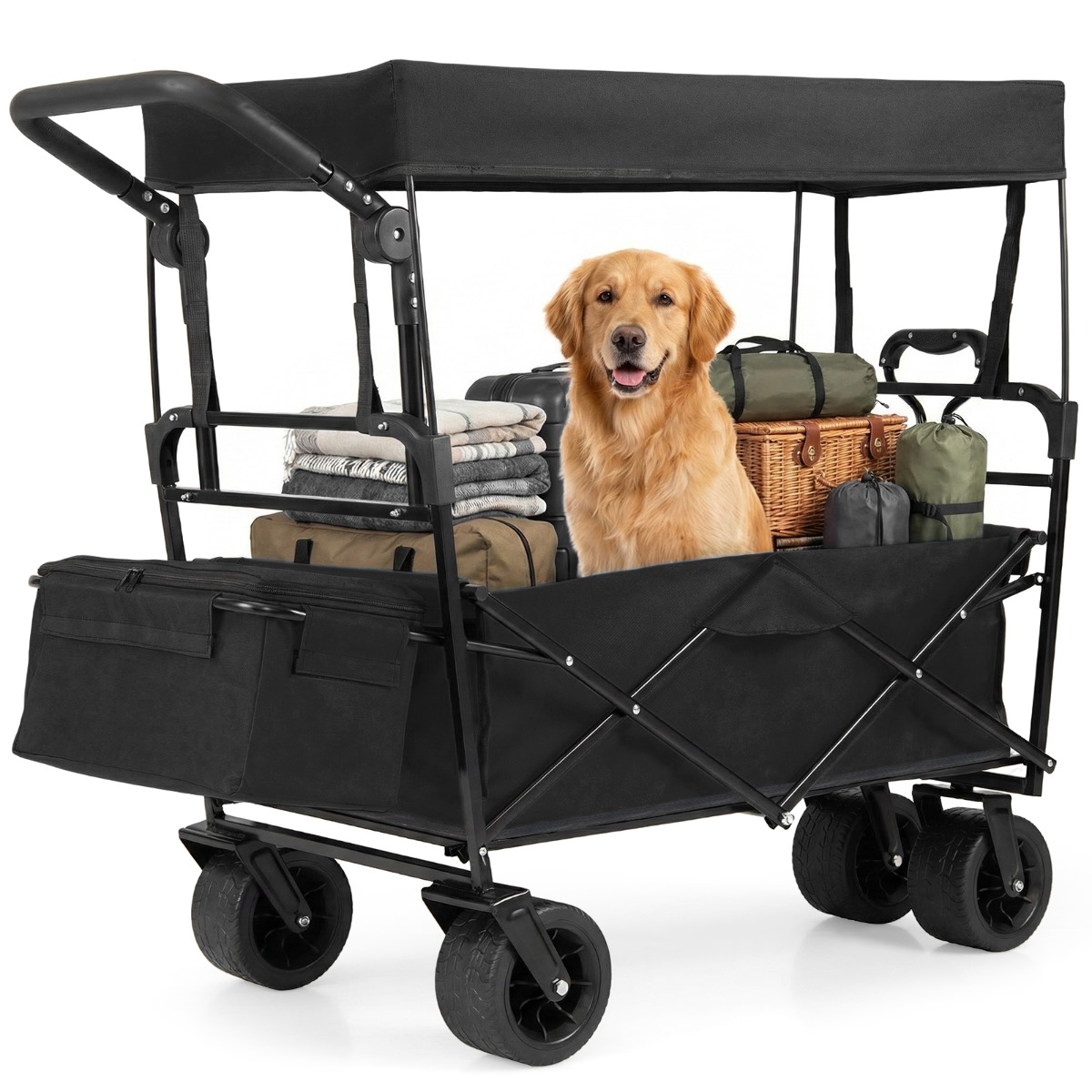 Kokkupandav käru eemaldatava varjualuse ja reguleeritavate käepidemetega - must