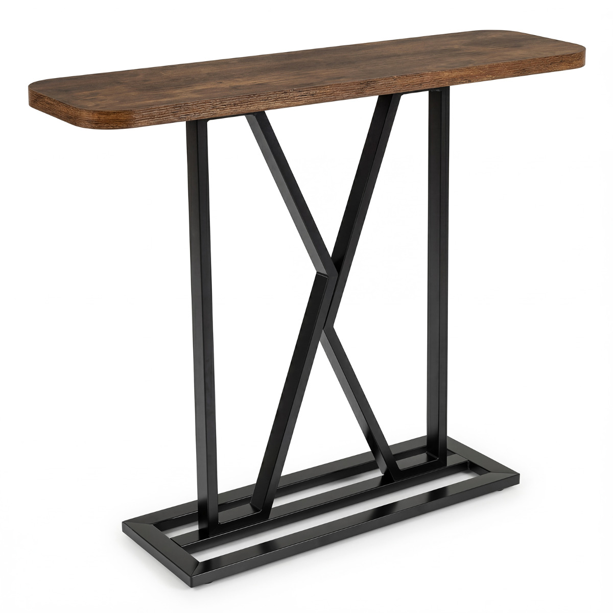 Geomeetrilise metallraamiga ristkülikukujuline konsoollaud ja elegantne esikulaud (pikkus 100 cm), rustikaalne pruun