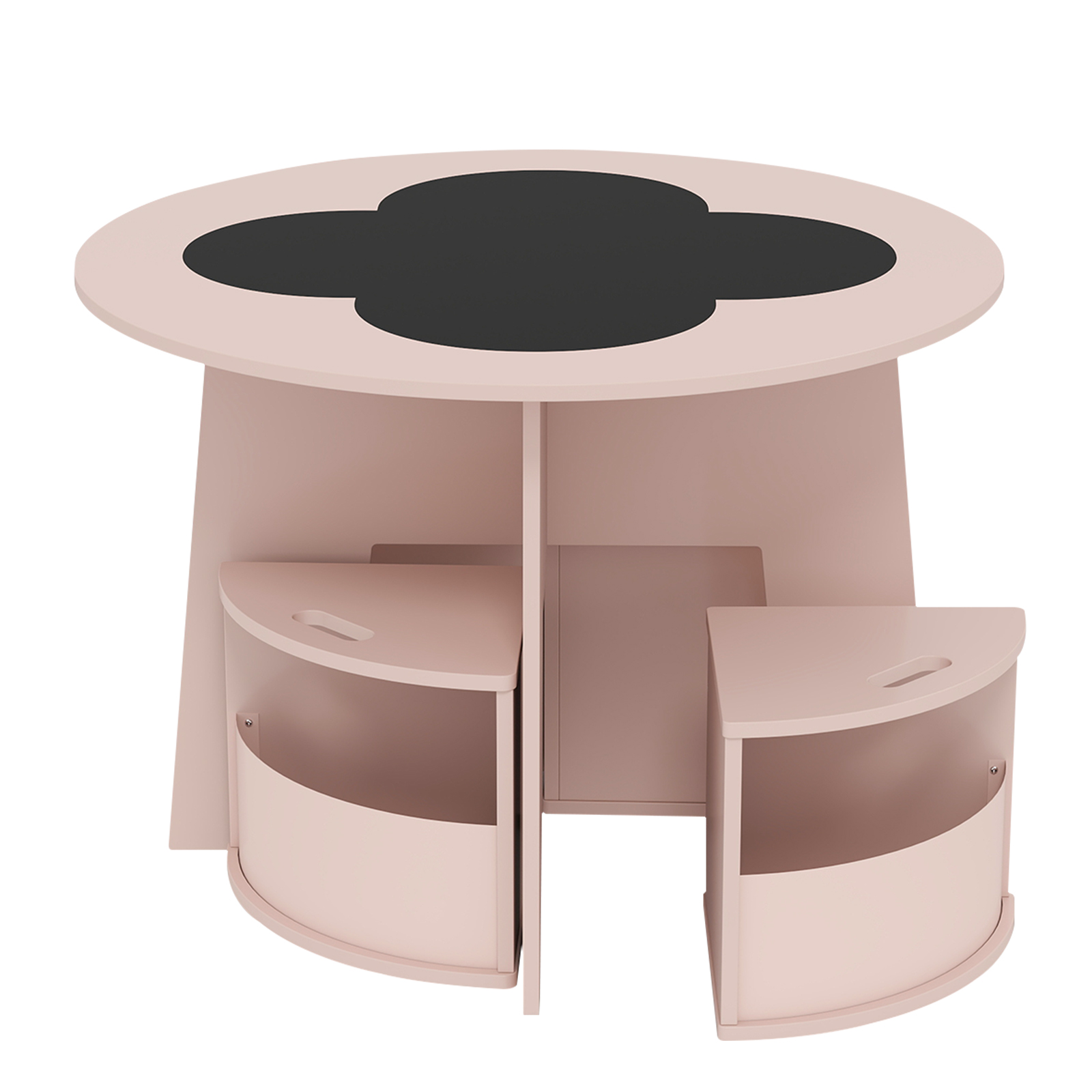 Laste laua ja tooli komplekt, ümmargune, 5-osaline puidust laste istekoht 4 hoiukohaga, roosa