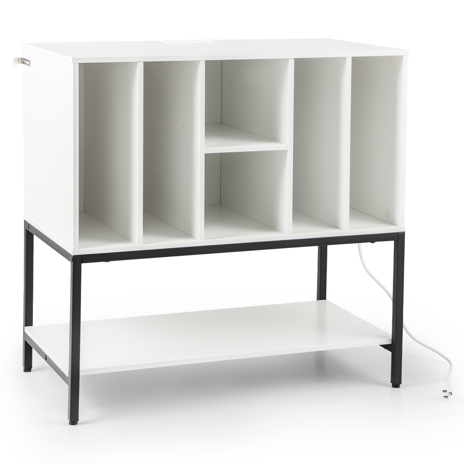 Plaadimängija alus laadimisjaama ja vinüüli hoiustamisega abilaud vinüüli väljapaneku riiul valge