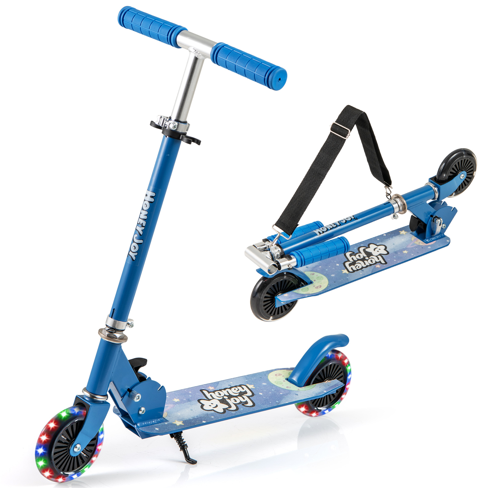 Kokkupandav laste tõukeratas led-rataste lenkstangi aluse ja kanderihmaga sinine tõukeratas