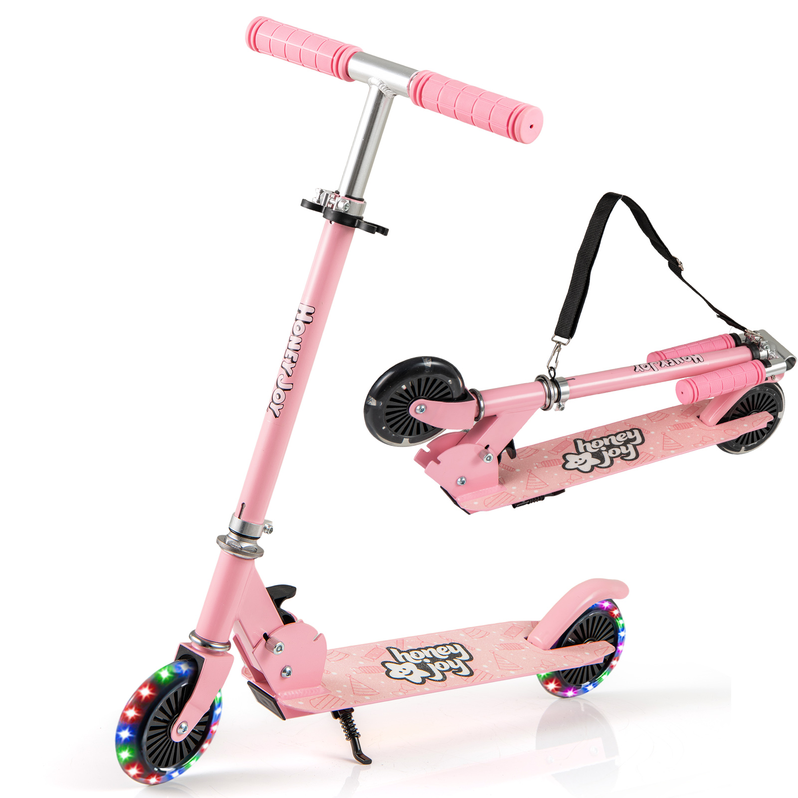 Kokkupandav laste tõukeratas led-rataste lenksu aluse ja kanderihmaga roosa tõukeratas