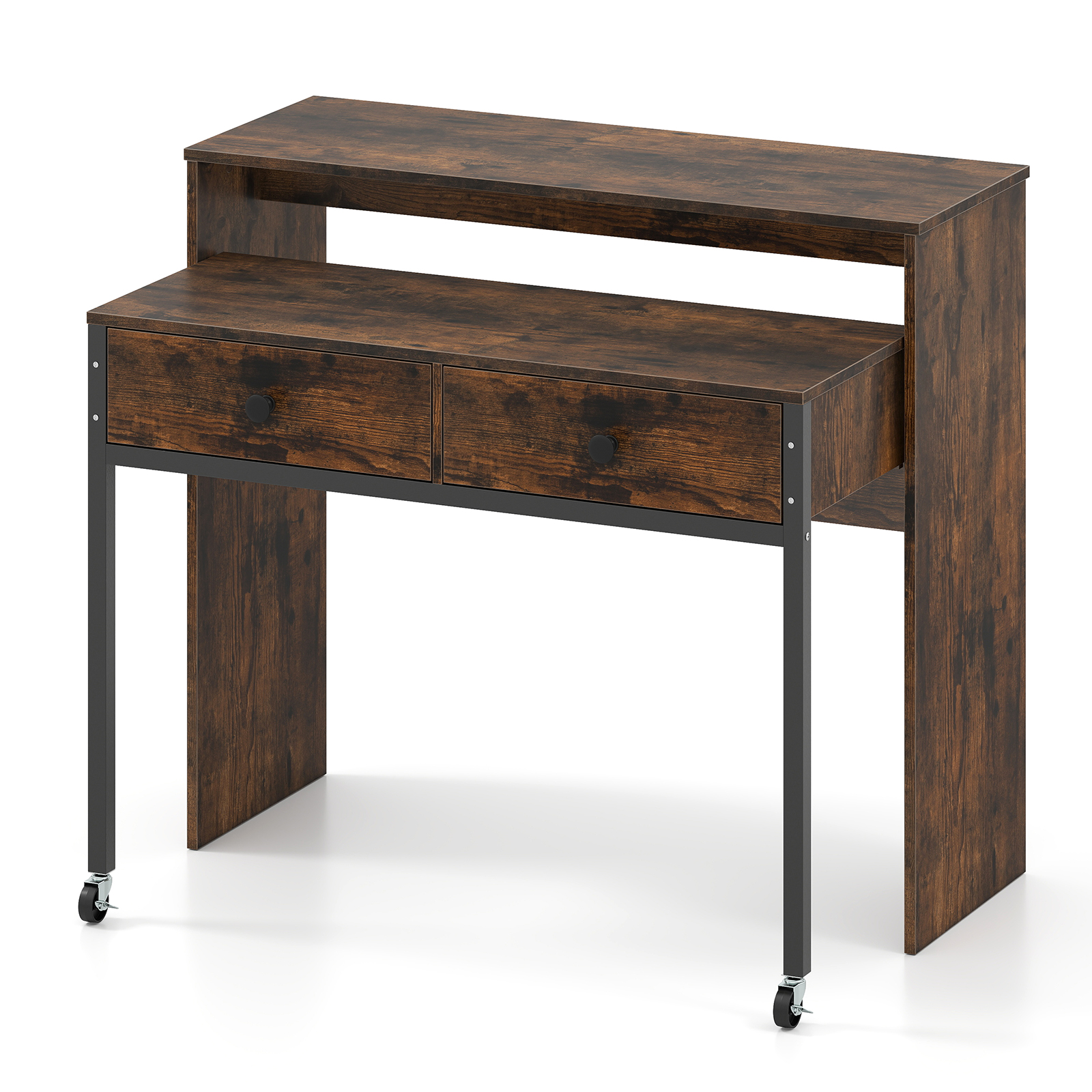 Väljatõmmatav kirjutuslaud väike arvutilaud 2 sahtli ja ratastega 100 x 63 x 88 cm pruun