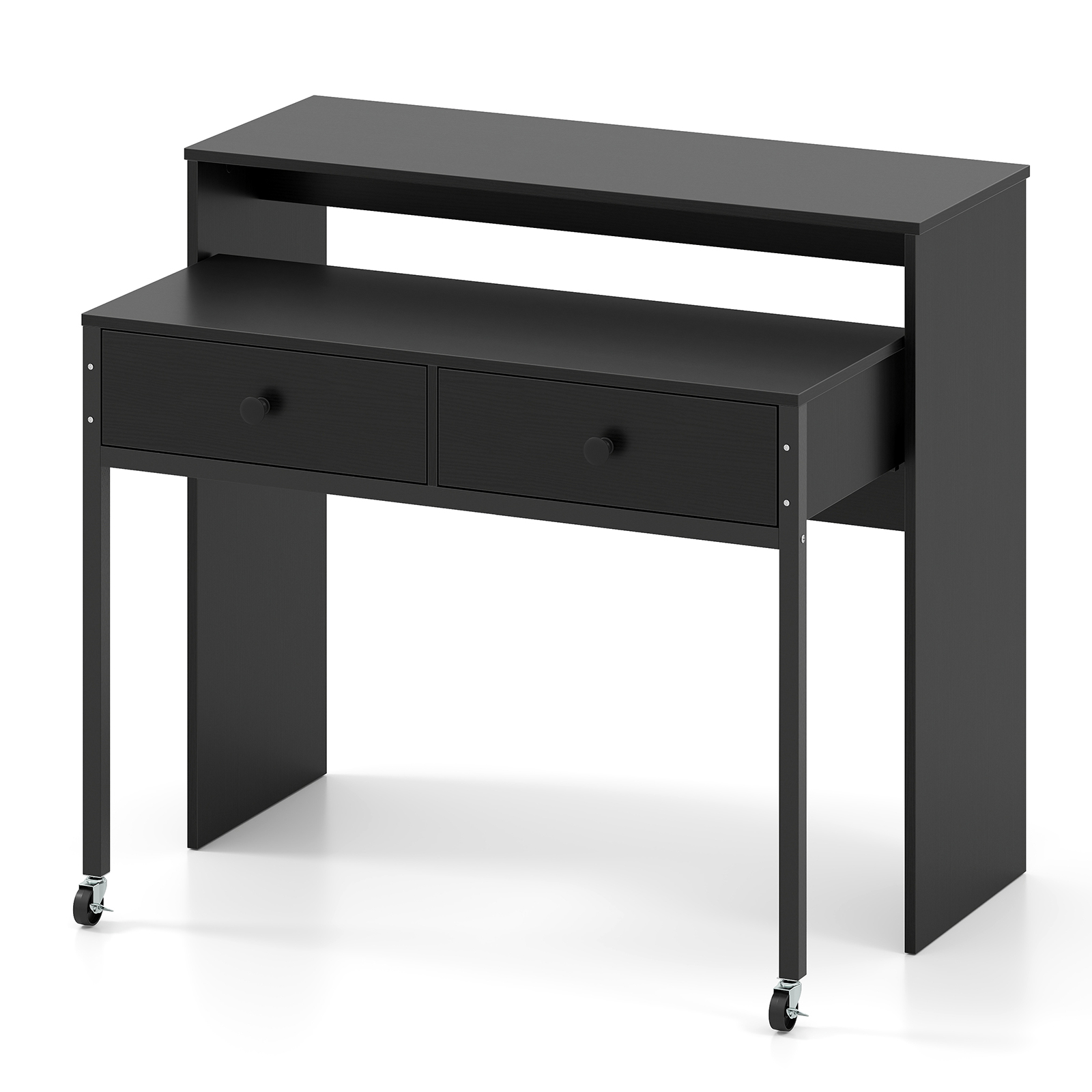 Väljatõmmatav kirjutuslaud väike arvutilaud 2 sahtli ja ratastega 100 x 63 x 88 cm must
