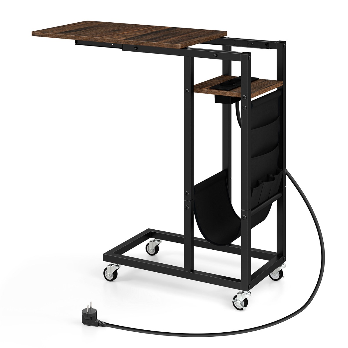 C-kujuline abilaud laadimisjaamaga väljatõmmatava lauaplaadi küljetaskuga diivanilaud pruun