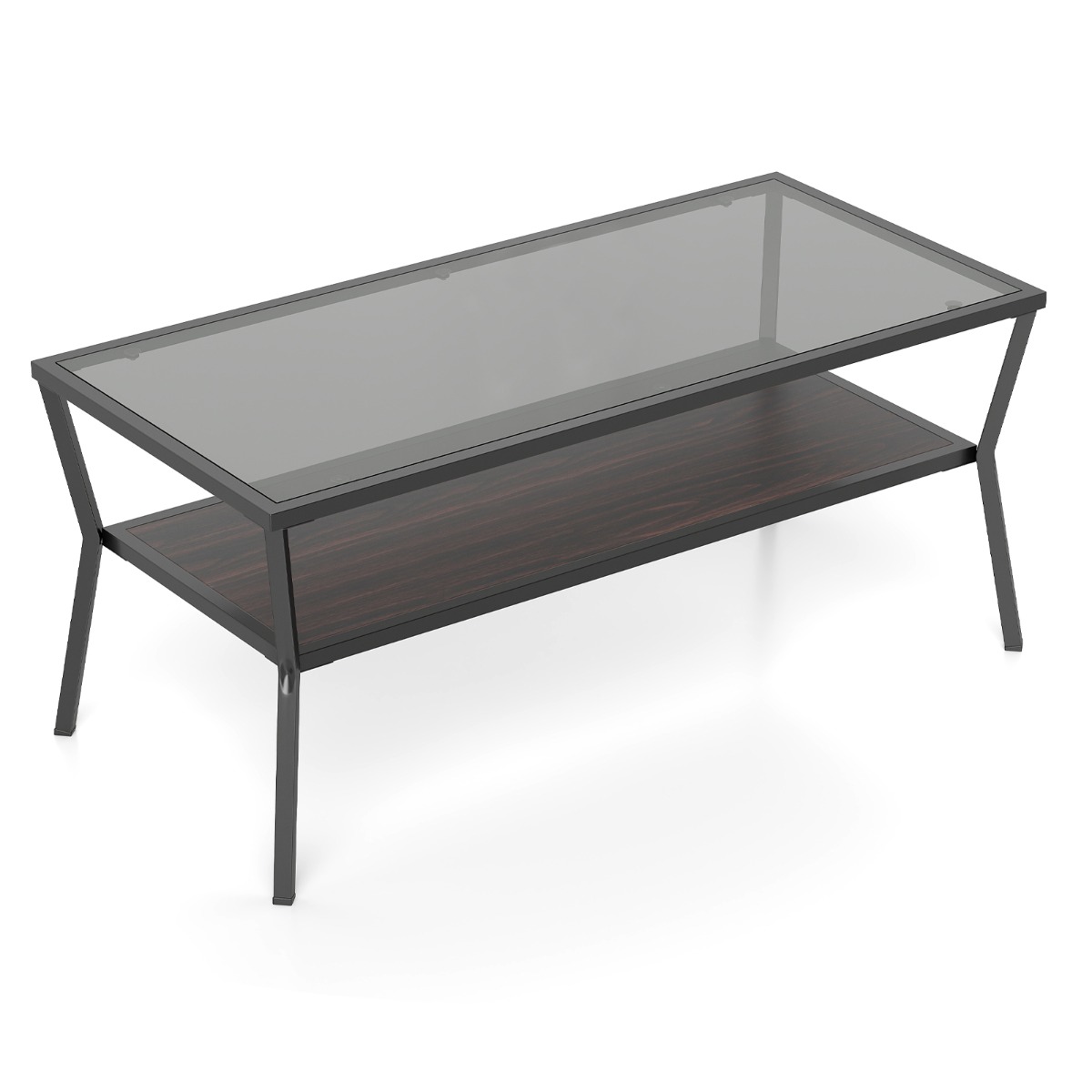 Ristkülikukujuline kohvilaud karastatud klaasist pealispinna ja geomeetrilise metallraamiga. Moodne klaasist laud.