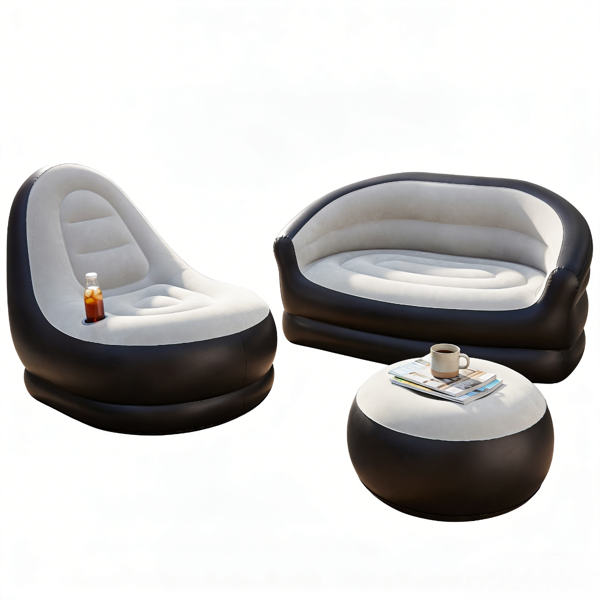 Täispuhutav üheinimese diivan + kaheinimese diivanikomplekt, täispuhutav tugitool, täispuhutav diivan, hall