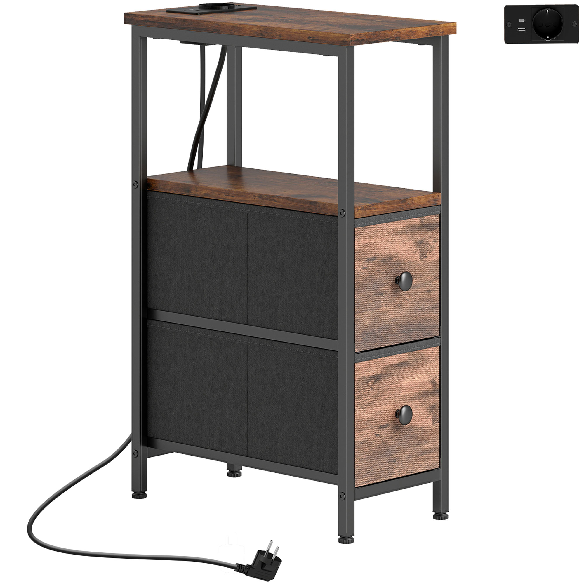 Kohvilaud/külglaud laadimisjaamaga, terasraam, 2 kangaga sahtlit, avatud sektsioon, 20cm x 40cm x 63cm, maalähedane pruun