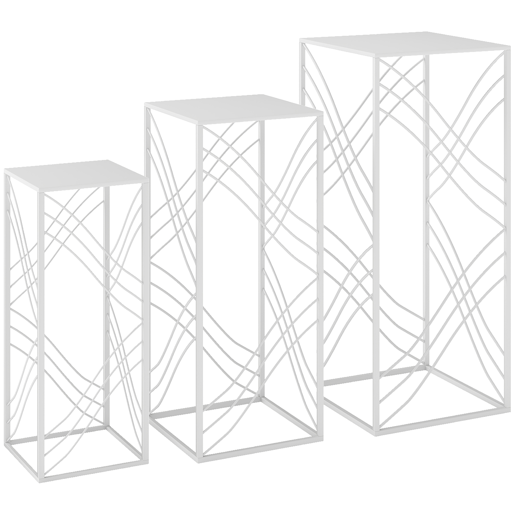 3 lillealuse komplekt, 50/60/70 cm kõrged, virnastatavad metallist lillepiiulid, valged