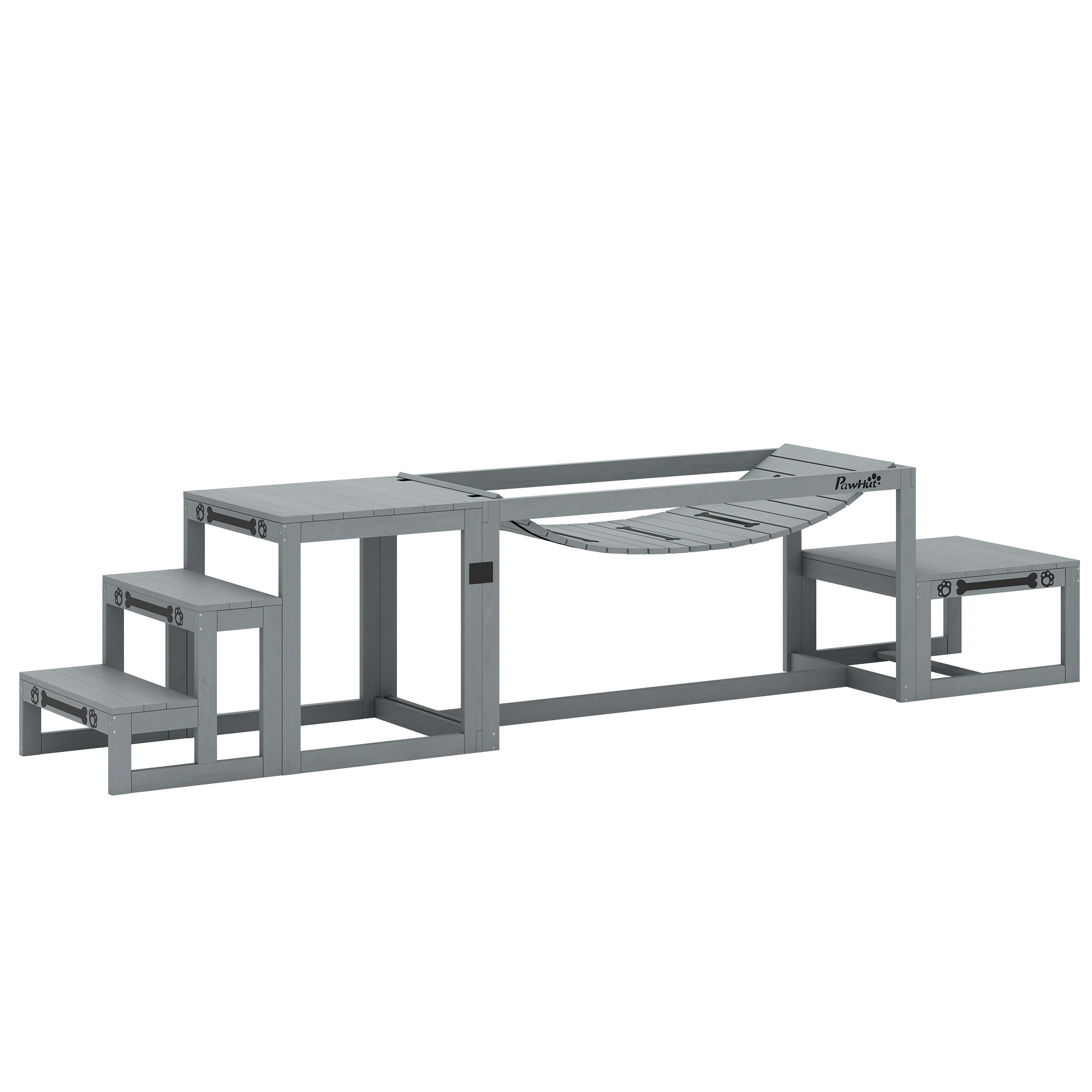 Koerte agilitykomplekt, 3-osaline agilityvarustuse komplekt silla, treppide ja platvormiga, kuusepuit, 117 x 50 x 56 cm, hall