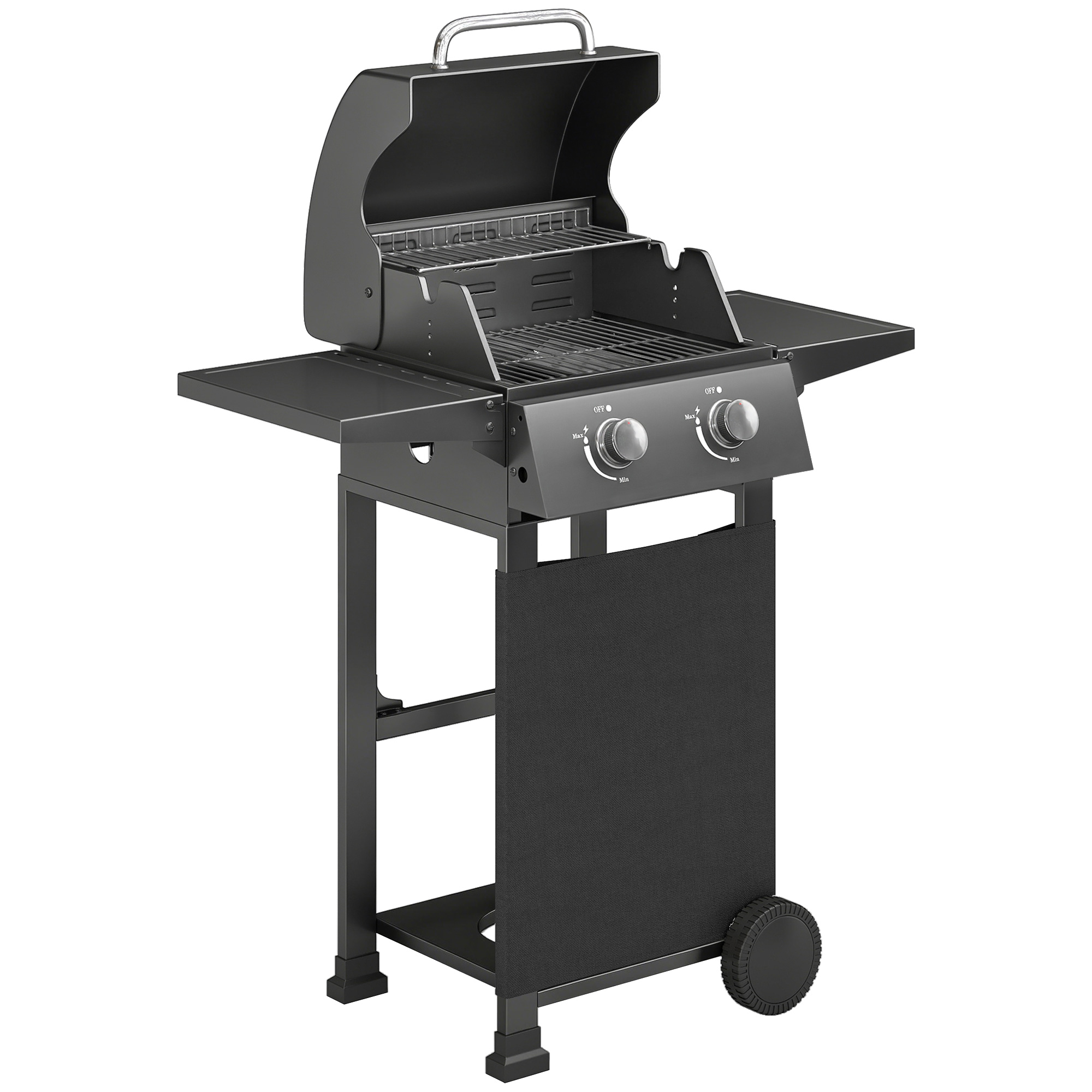 Gaasigrill 5,4 kW, 2 põletiga, terasest BBQ, grillkäru, kokkupandav külglaud, termomeeter, kroomitud grillrest, soojendusrest