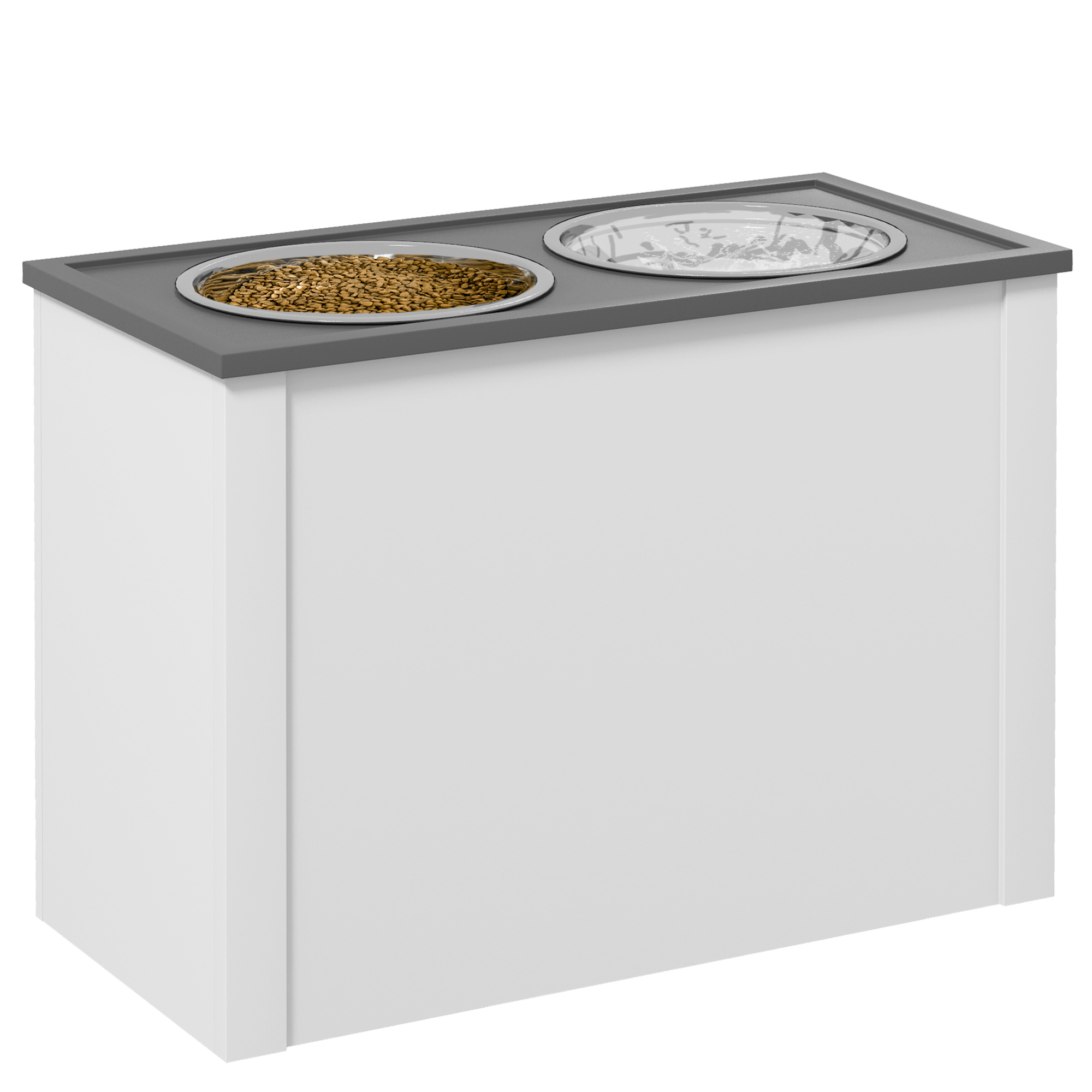 Söötmisjaam kõrgendatud söögikaussidega, 1 hoiuruum, 2 roostevabast terasest söögikaussi, 60 x 30 x 42 cm, valge + hall