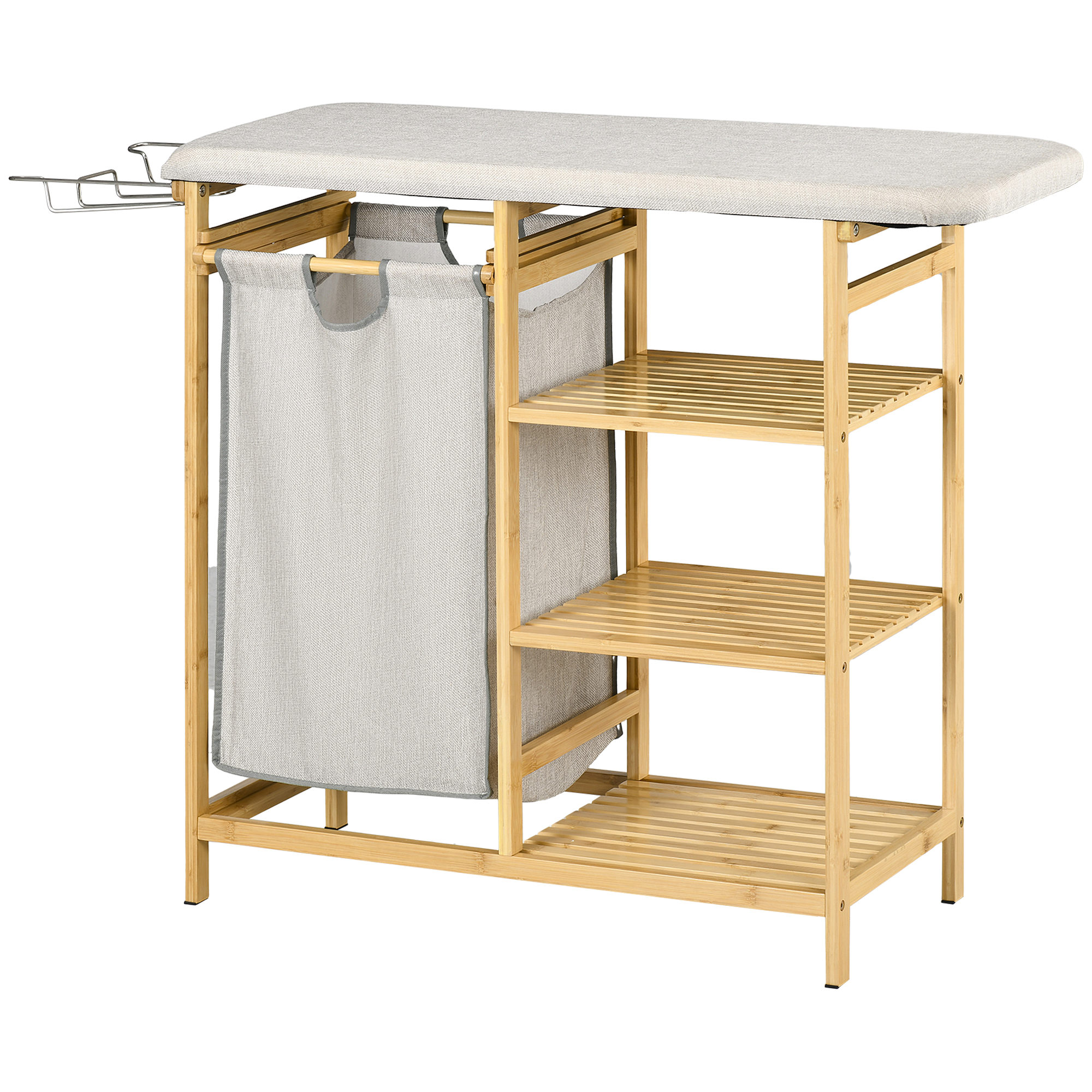 Multifunktsionaalne pesukorv triikimislaua ja riidest kotiga, 57L, bambusraam, 113x34x82cm, naturaalne/hall