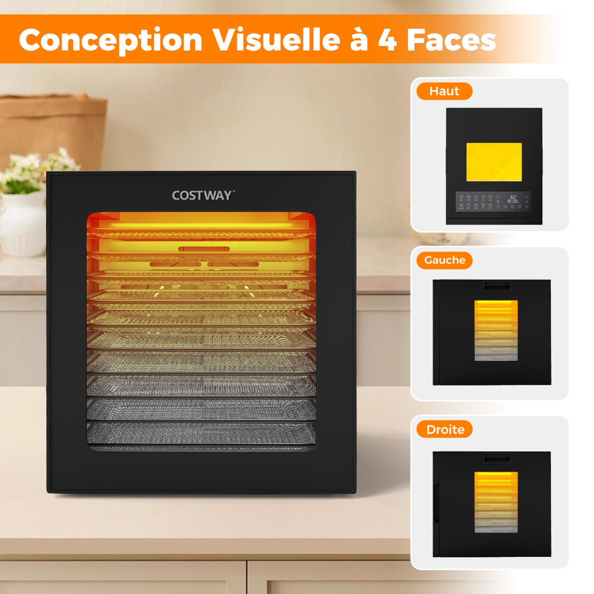 Toidukuivati ​​10 restiga, roostevabast terasest, 10 eelseadistatud programmiga, 48-tunnine taimer ja temperatuur 30–75 ℃, must