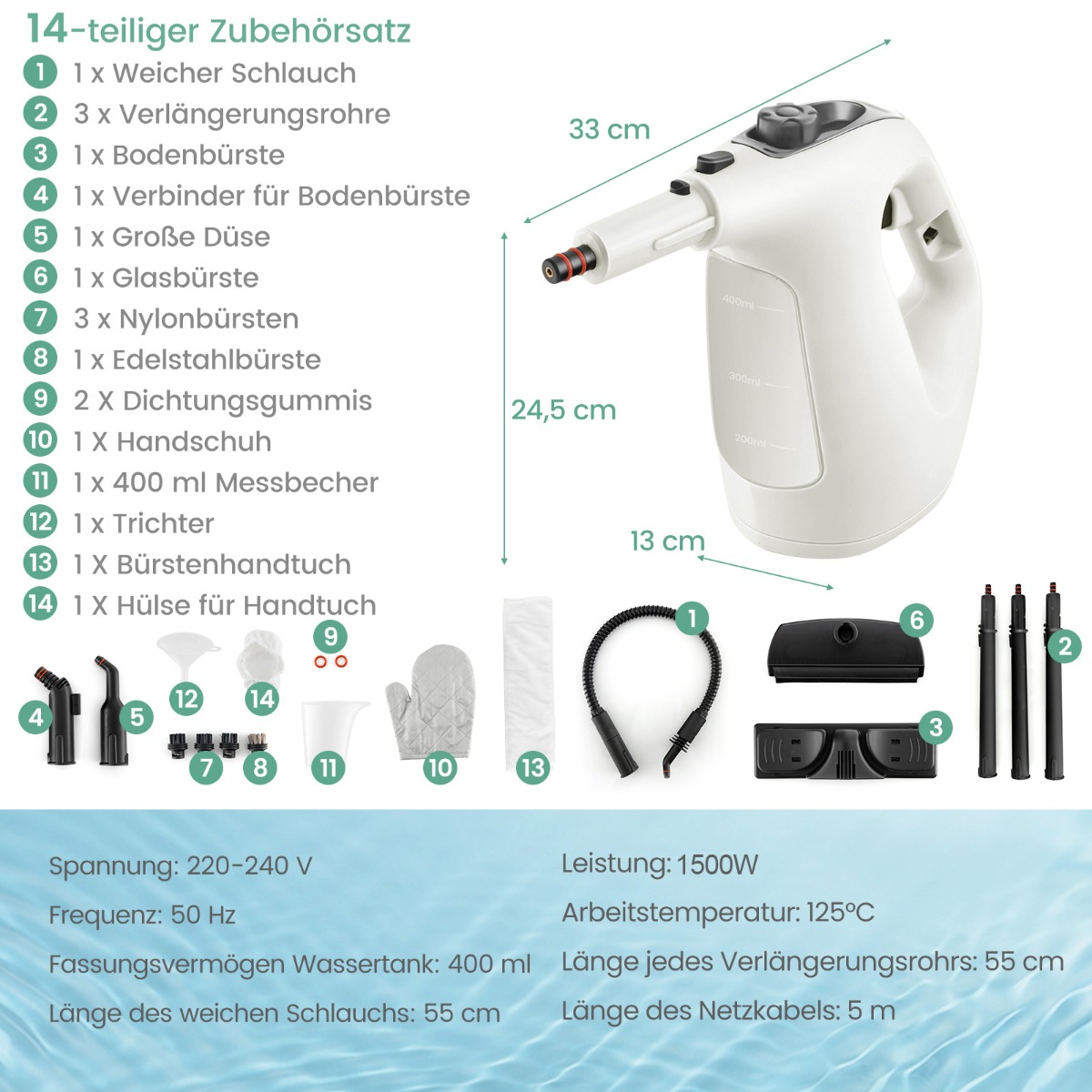 Kuuma auruga käsi-aurupuhasti ja multifunktsionaalne puhastusseade (1500W, paak 400 ML, kuni 125 °C), hall