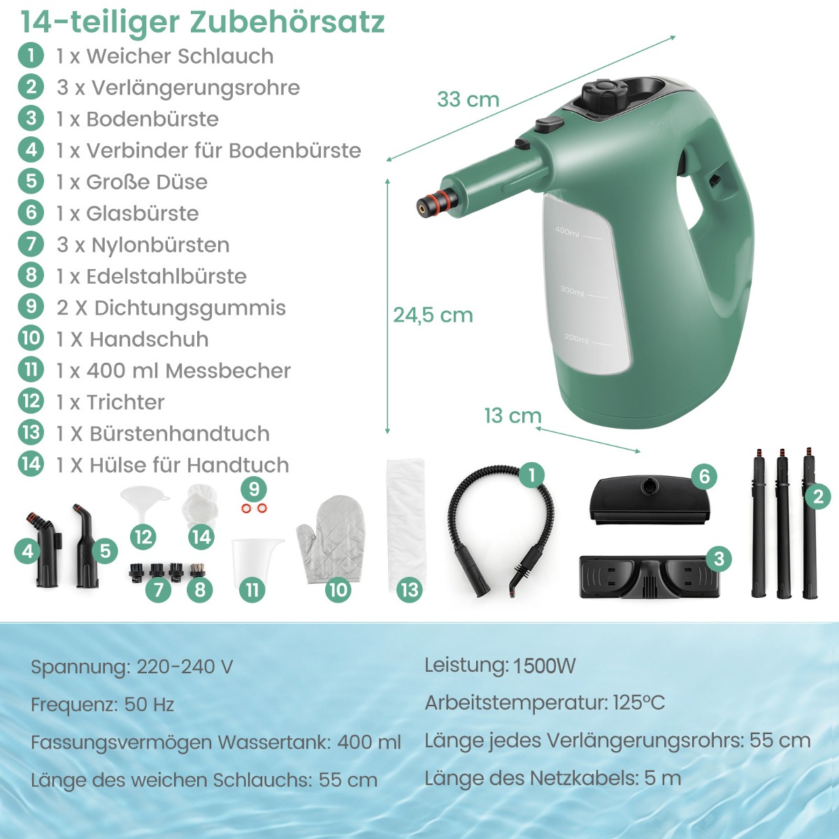 Kuuma auruga käsi-aurupuhasti und multifunktsionaalne puhastusseade (1500W, paak 400 ML, kuni 125 °C), roheline