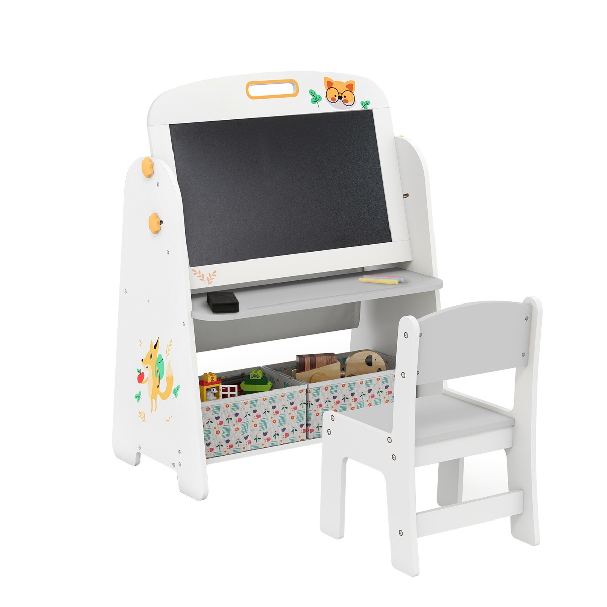 Laste molbert tooliga, laste kriiditahvlil raamaturiiuliga, magnetilise kriiditahvlil ja valgel tahvlil