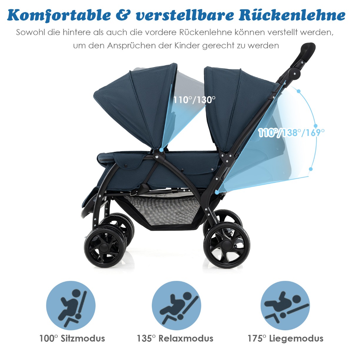 Kokkupandav kahekohaline lastekäru tandem-istme ja varikatusega, kaasaskantav lapsekäru, tumesinine