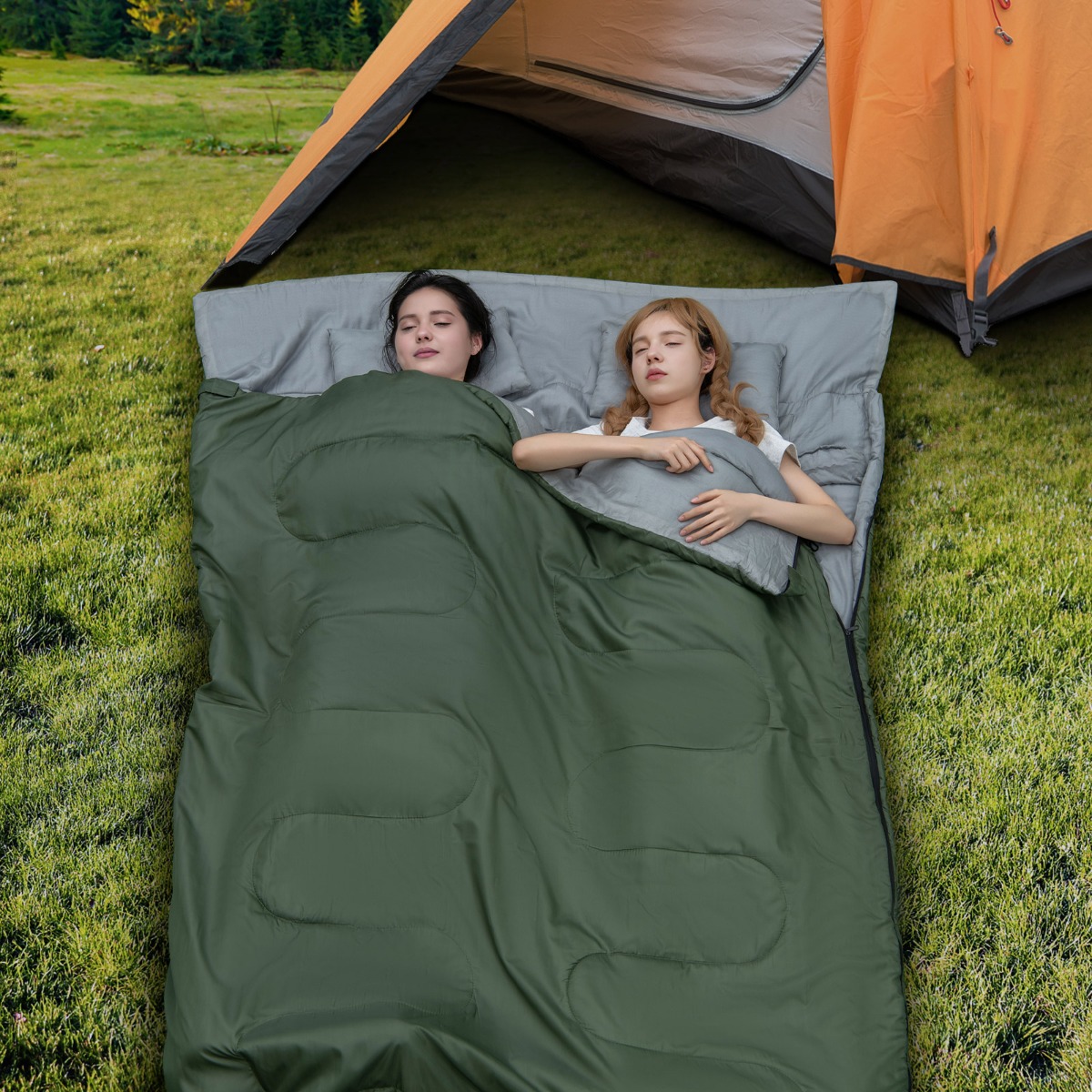 Kaks-ühes kaheinimese magamiskott XL suuruses tekkmagamiskott kahe padjaga (220 x 150 cm) must