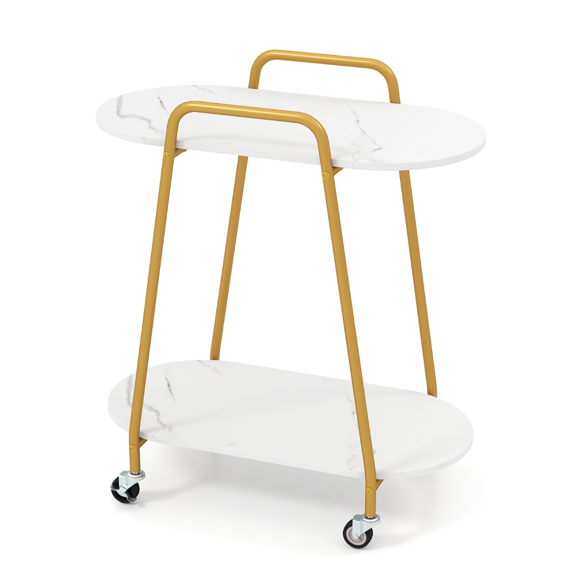 Kahetasandiline ratastega abilaud, moodne mobiilne öökapp kunstmarmorist pindadega, valge
